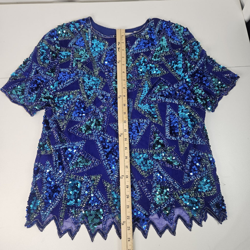 Sequin Beaded Silk Top 90s Vintage Blue Green Blouse Gatsby Glam Party Large