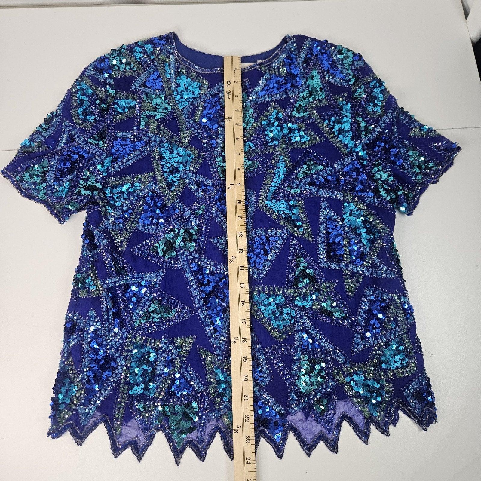Sequin Beaded Silk Top 90s Vintage Blue Green Blouse Gatsby Glam Party Large