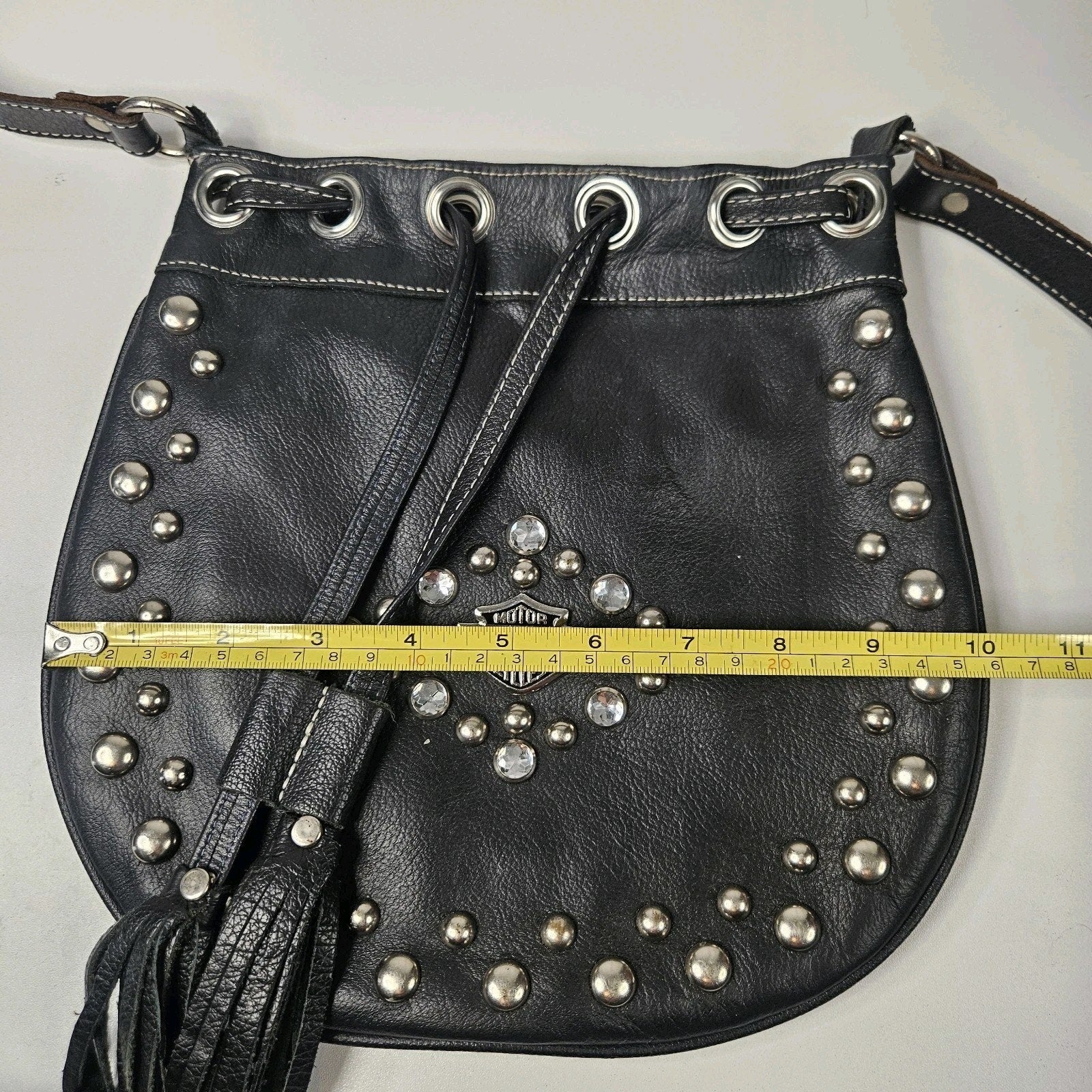 Y2K Women's Black Leather Drawstring Harley-Davidson Purse Rhinestones Studs