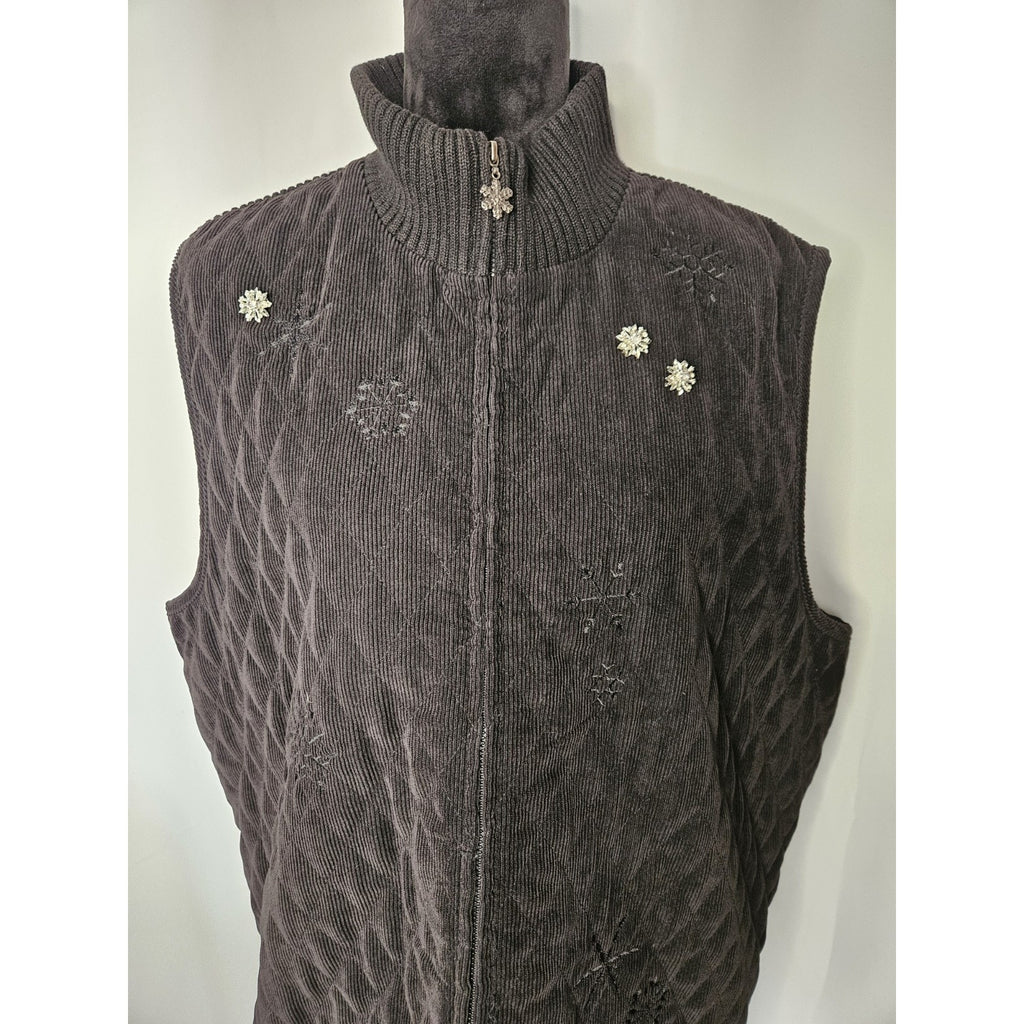 Alfred Dunner Women's Corduroy Snowflake Design Vest Full Zip Black Size 22W