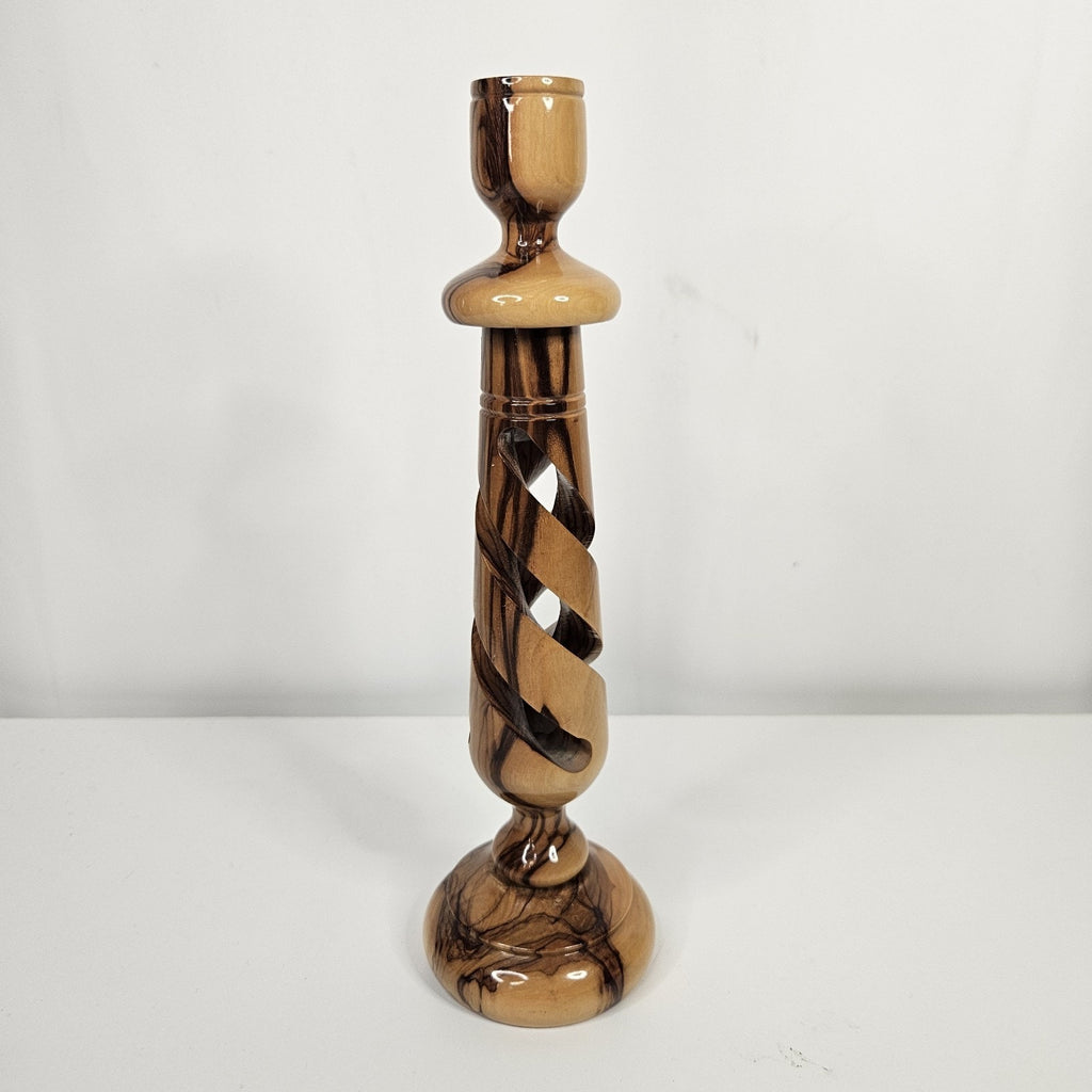 Olive Wood 10" Candle Stick Holder Hollow Spiral MCM Rustic Boho