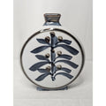 Vintage Japanese Flask Shaped Glazed Blue and White Pottery Vase Embossed Mark