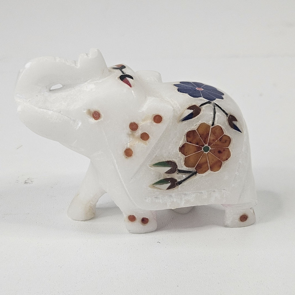 Vintage MCM Lucky Elephant Figurines Artisan Carved White Marble