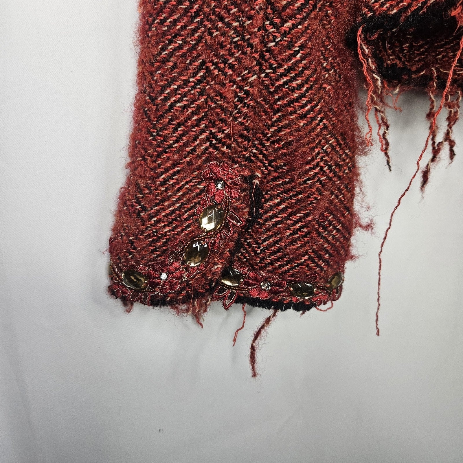 Vtg Y2K Funkyard Fabulous Till End Maroon Embellished Tweed Jacket Medium Wool B