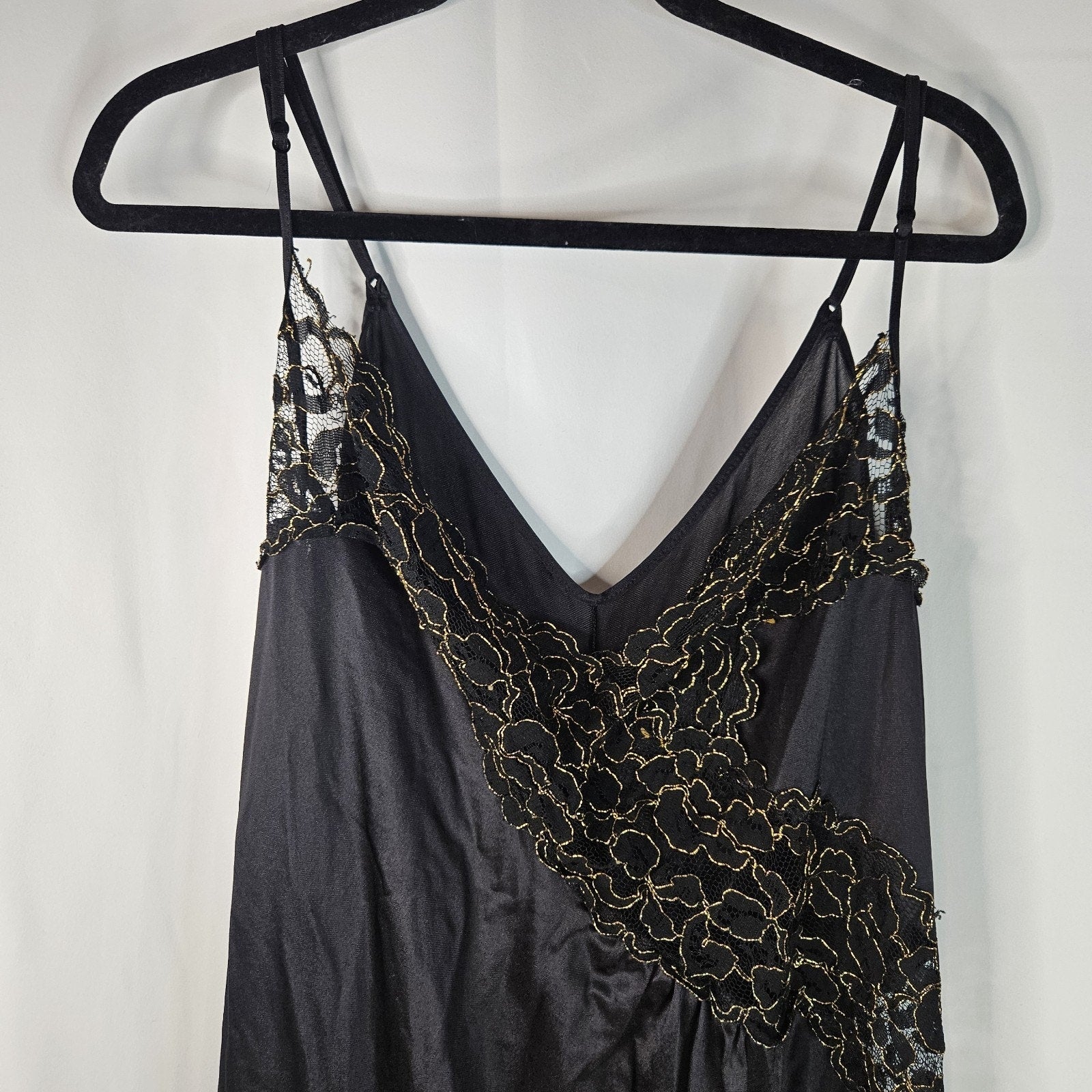 Vintage 80s Glam Lingerie Black Maxi Slip Dress Nightgown Gold Lace Large