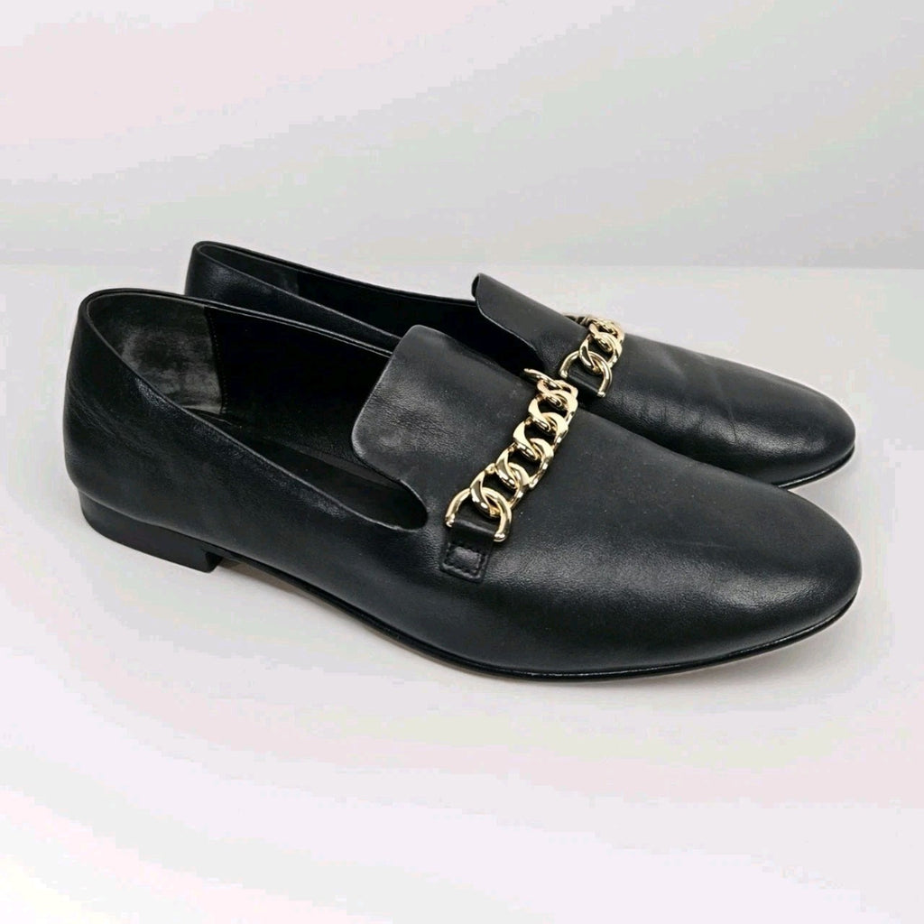 Via Spiga Women’s Leather Loafers Yania Size 7.5 M Black Gold Chain Link