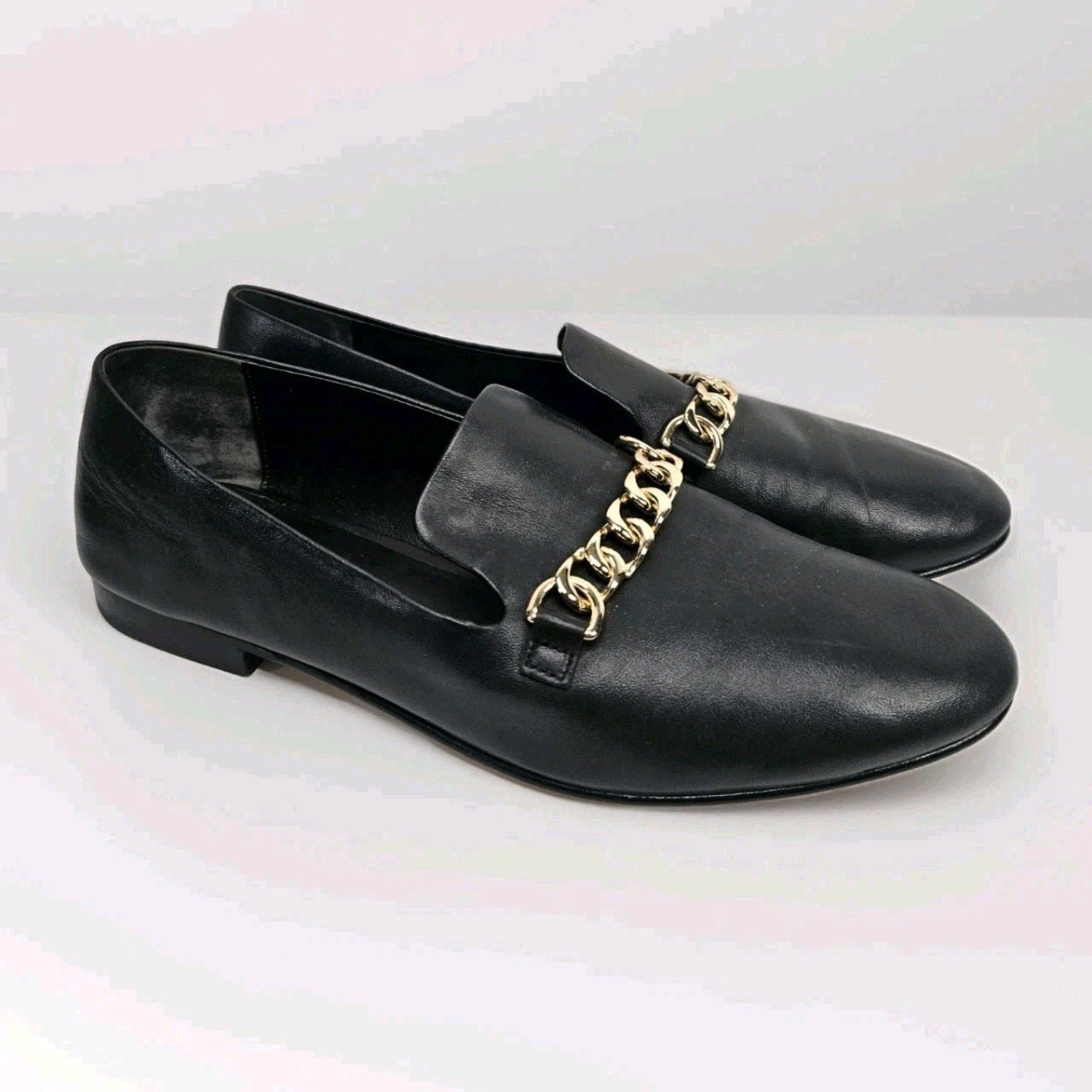 Via Spiga Women’s Leather Loafers Yania Size 7.5 M Black Gold Chain Link