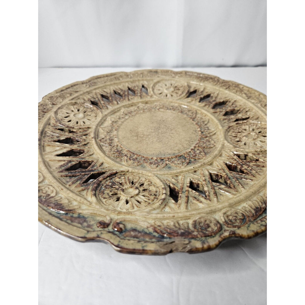 Art Pottery Glazed Vintage Ornate Plate 11.5 3729 Brown Tan