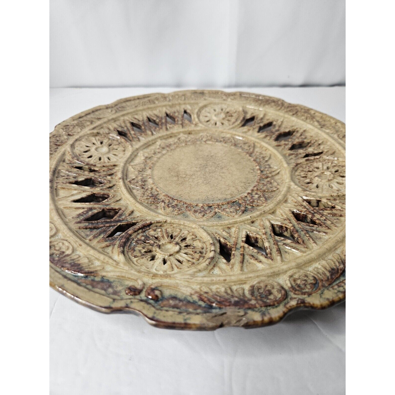 Art Pottery Glazed Vintage Ornate Plate 11.5 3729 Brown Tan