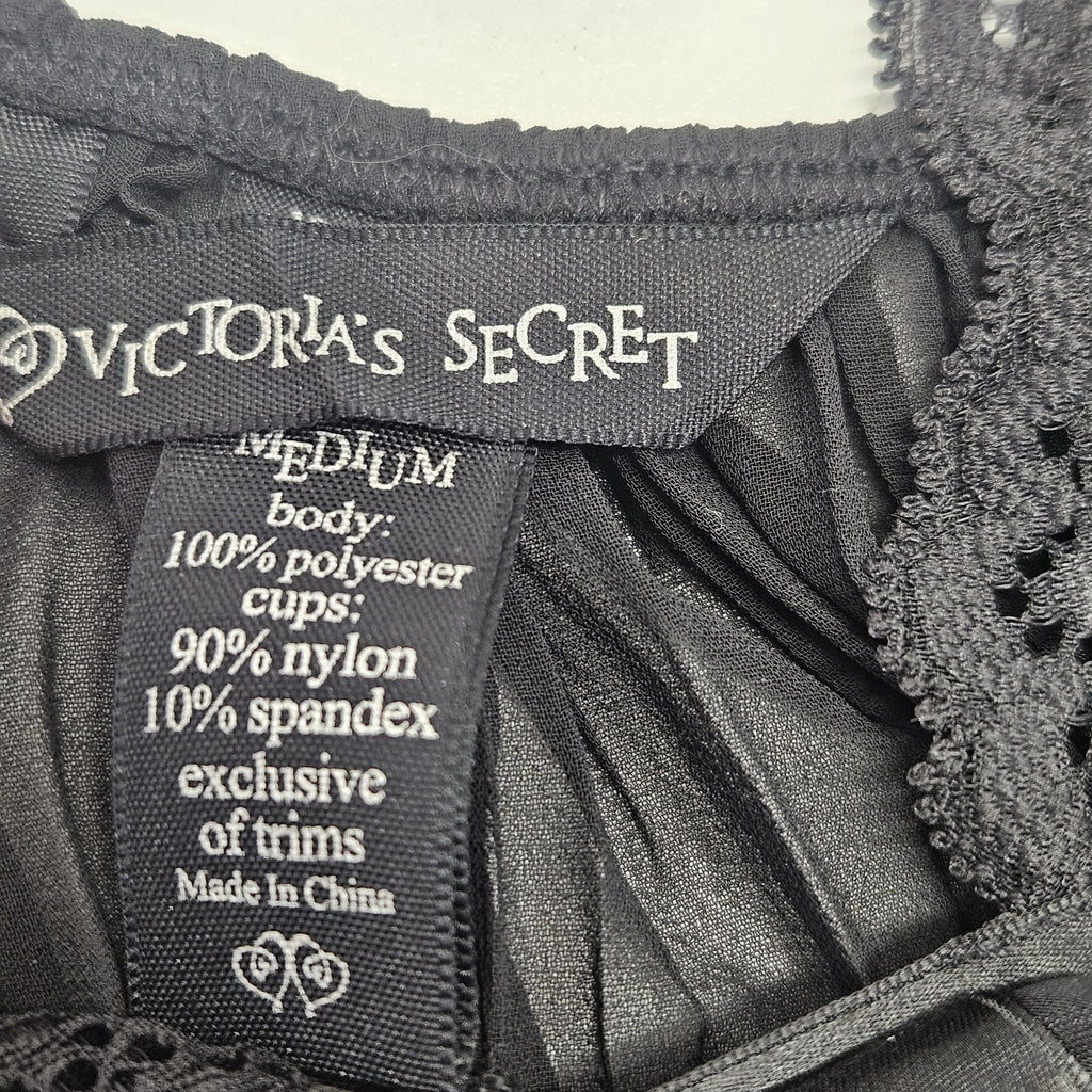 Victoria's Secret Very Sexy Black Pleated Sheer Babydoll Satin Bow Lingerie Med