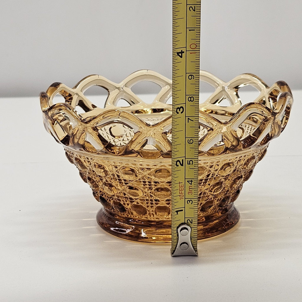 Vintage Imperial Glass Golden Amber Glass Bowl Button Weave Lattice Top 3" Retro