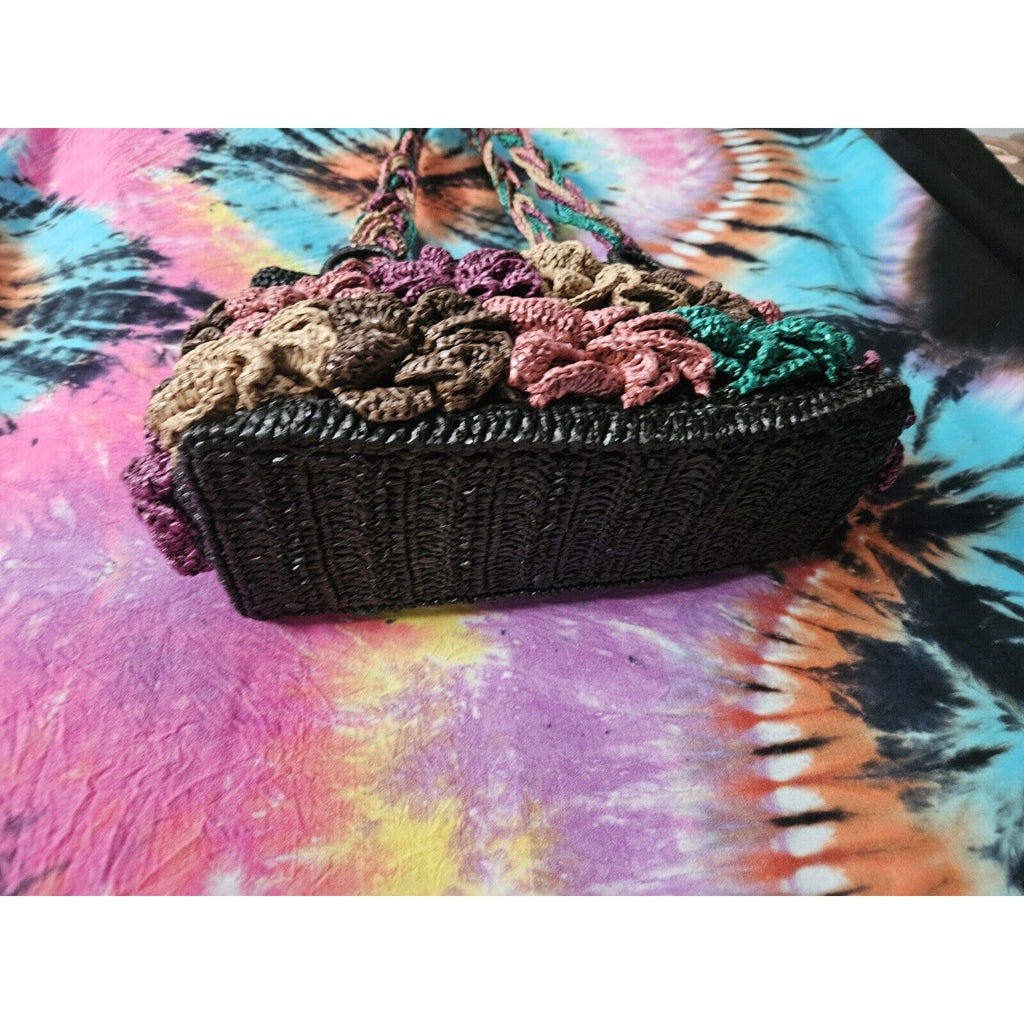 Unique Acrylic Floral Raffia Handbag Black With Colorful Flower Accents