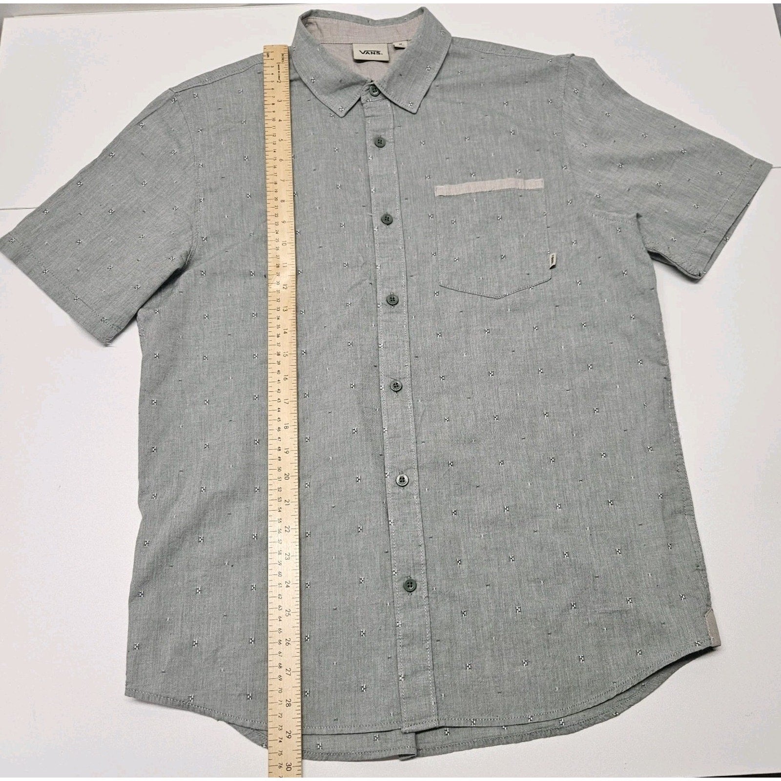 Van's Men's Short Sleeve Button Up Cotton Shirt Gray Green Shirt Size Medium EUC
