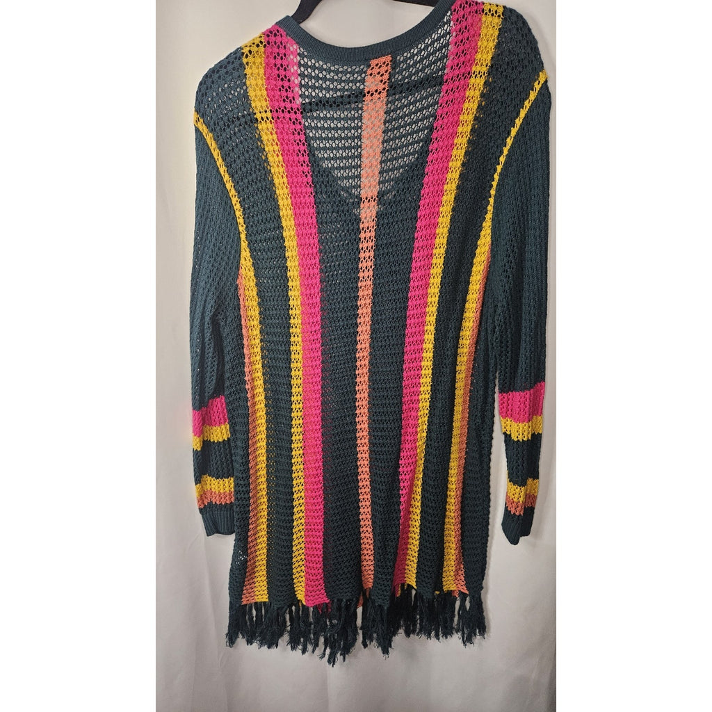 Torrid Striped Open Stitch Pullover Fringe Hem Sweater 1X Kangaroo Pocket Boho