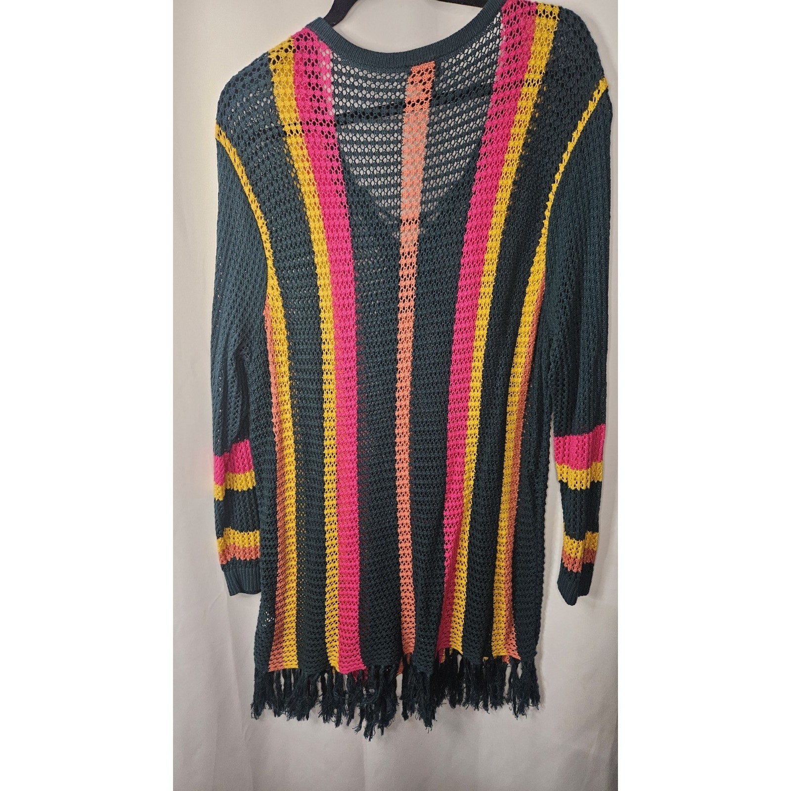 Torrid Striped Open Stitch Pullover Fringe Hem Sweater 1X Kangaroo Pocket Boho