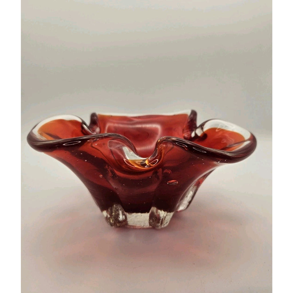 Murano Glass Ashtray Vintage Red Orange Trinket Dish Bowl Bohemian Style 1960's