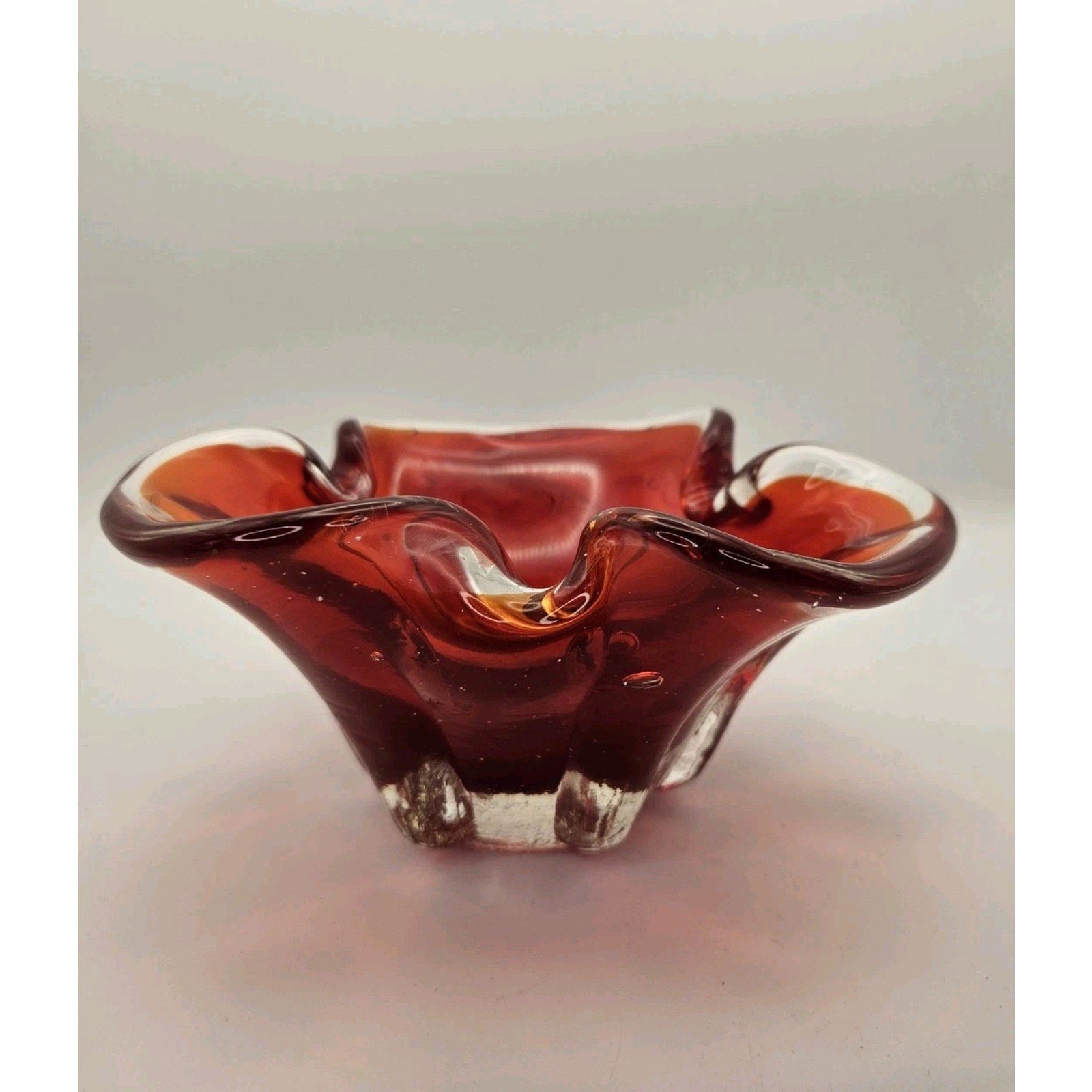 Murano Glass Ashtray Vintage Red Orange Trinket Dish Bowl Bohemian Style 1960's