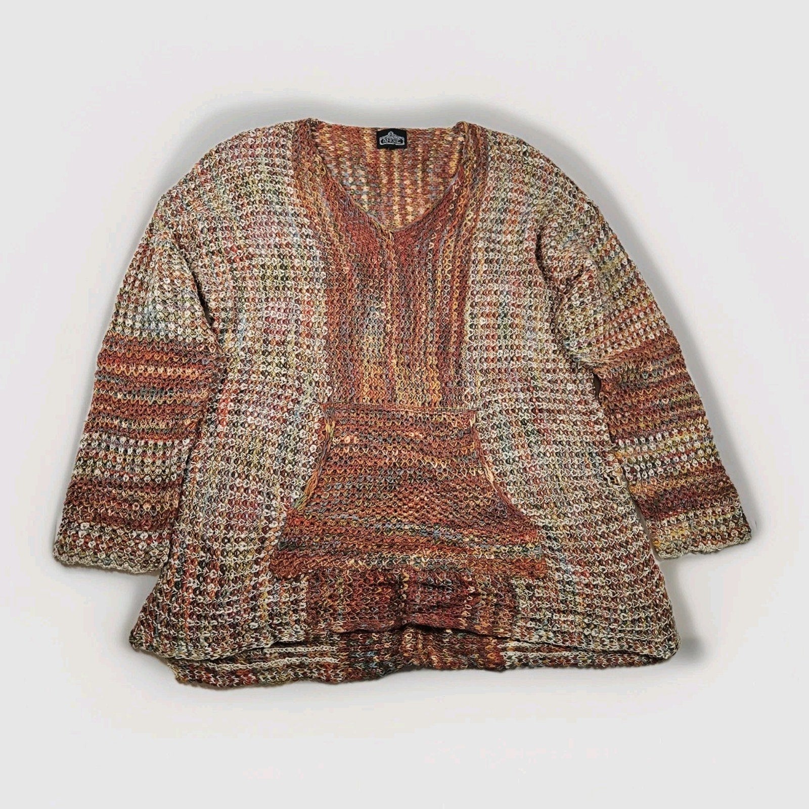 Angie Buckle Space Dye SweaterOpen Knit Boho Pullover Sweater Tunic XL Orange