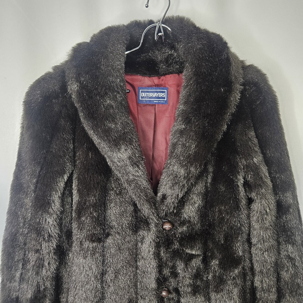 Outerlayers Vintage Faux Fur Coat US Made Chocolate Brown Jacket Sz XL Mob Glam