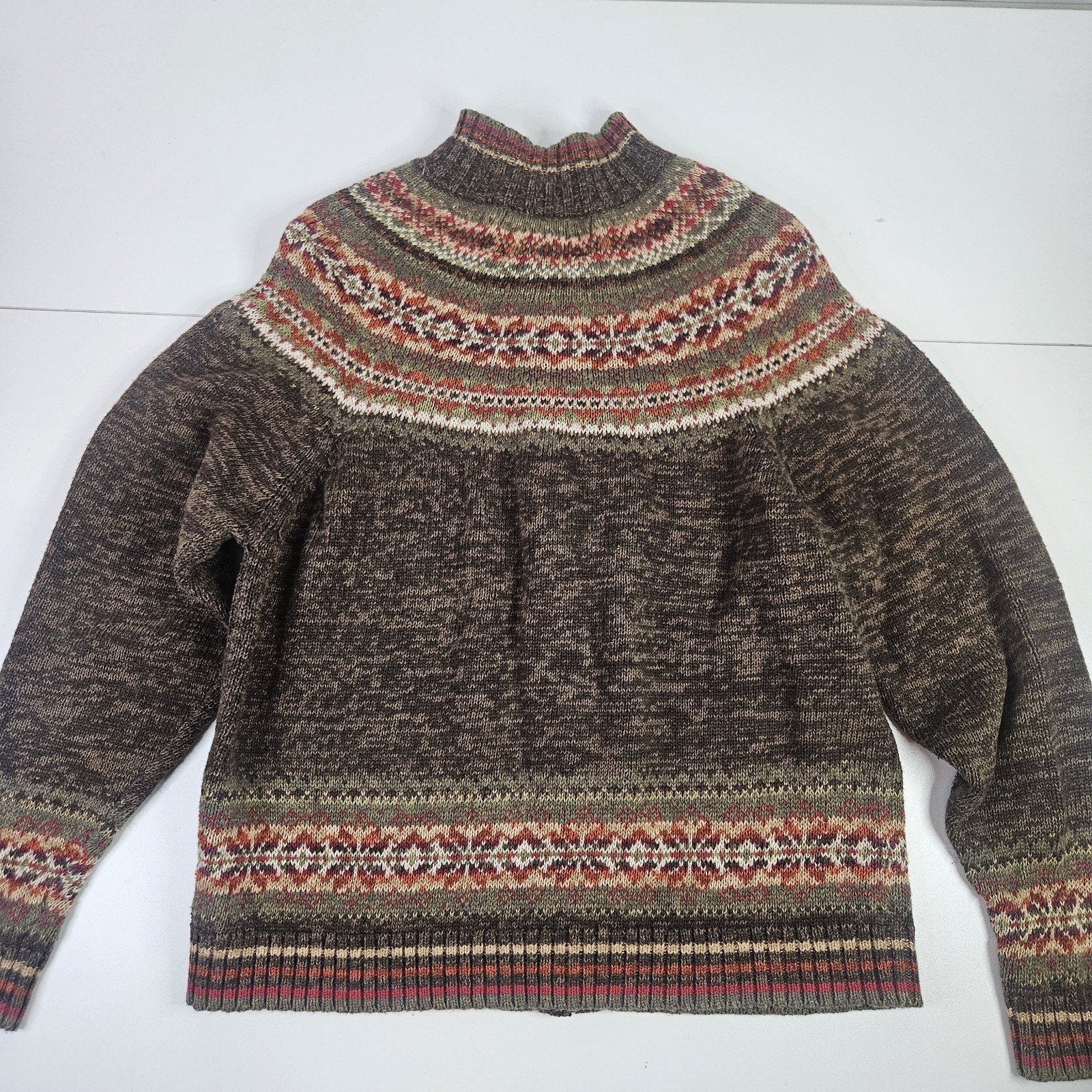 Vintage Y2K 2000s Fair Isle Ski Sweater Cardigan Womens XL Full Zip Green Brown