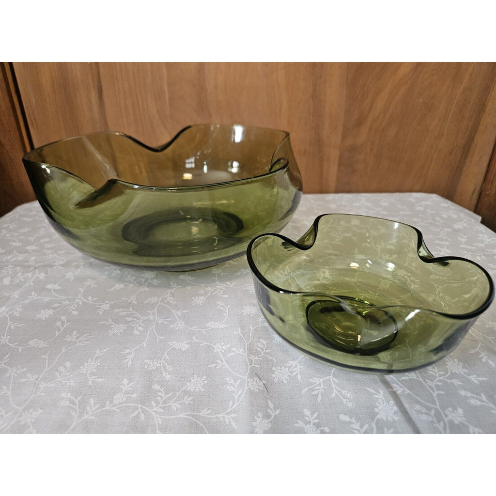 Vintage Anchor Hocking Glass Chip & Dip Bowl Set Green Glass RETRO 9.5" & 5"