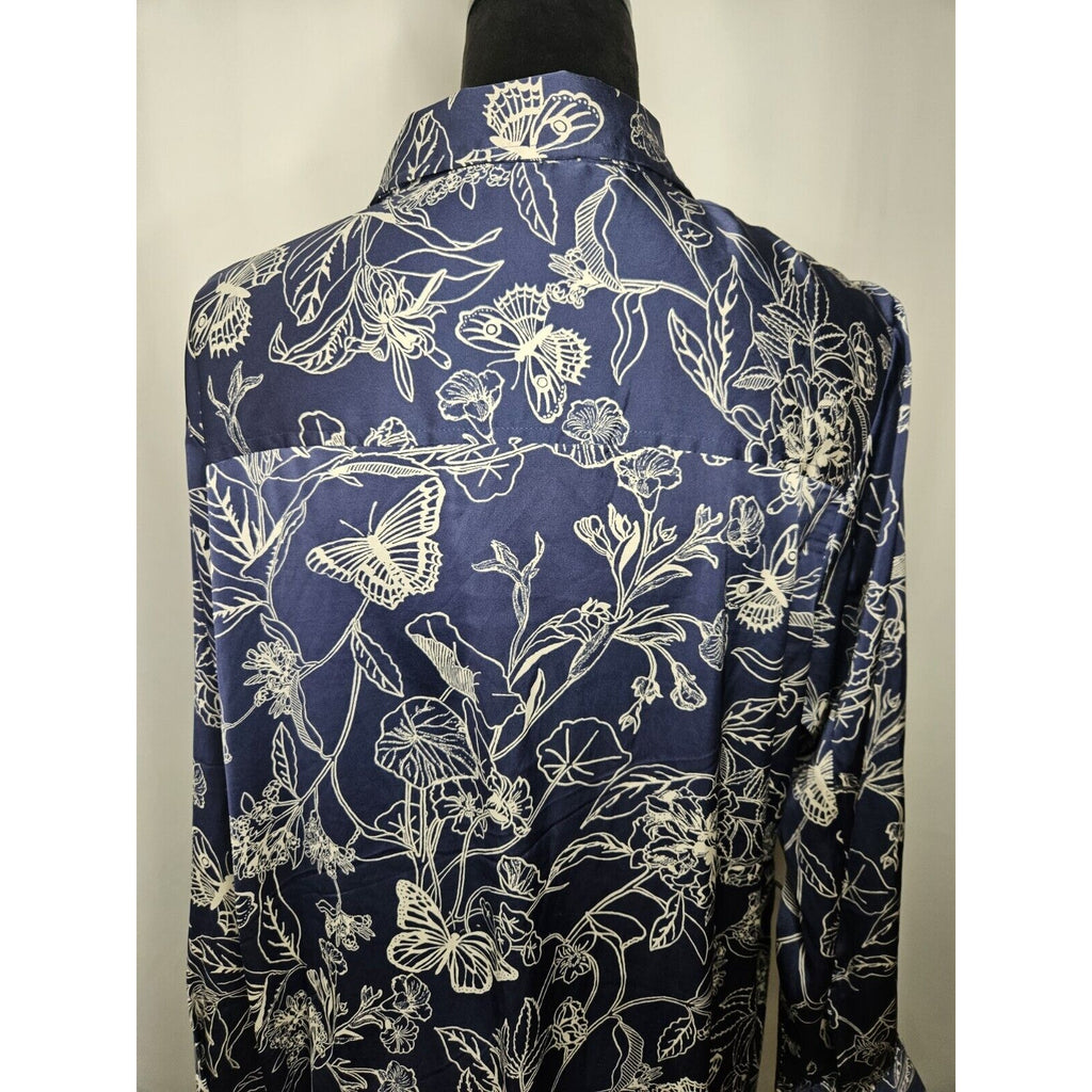 OPHELIA ROE Blue Floral Lightweight Satin Button Knee Length Dress w/o Belt XL