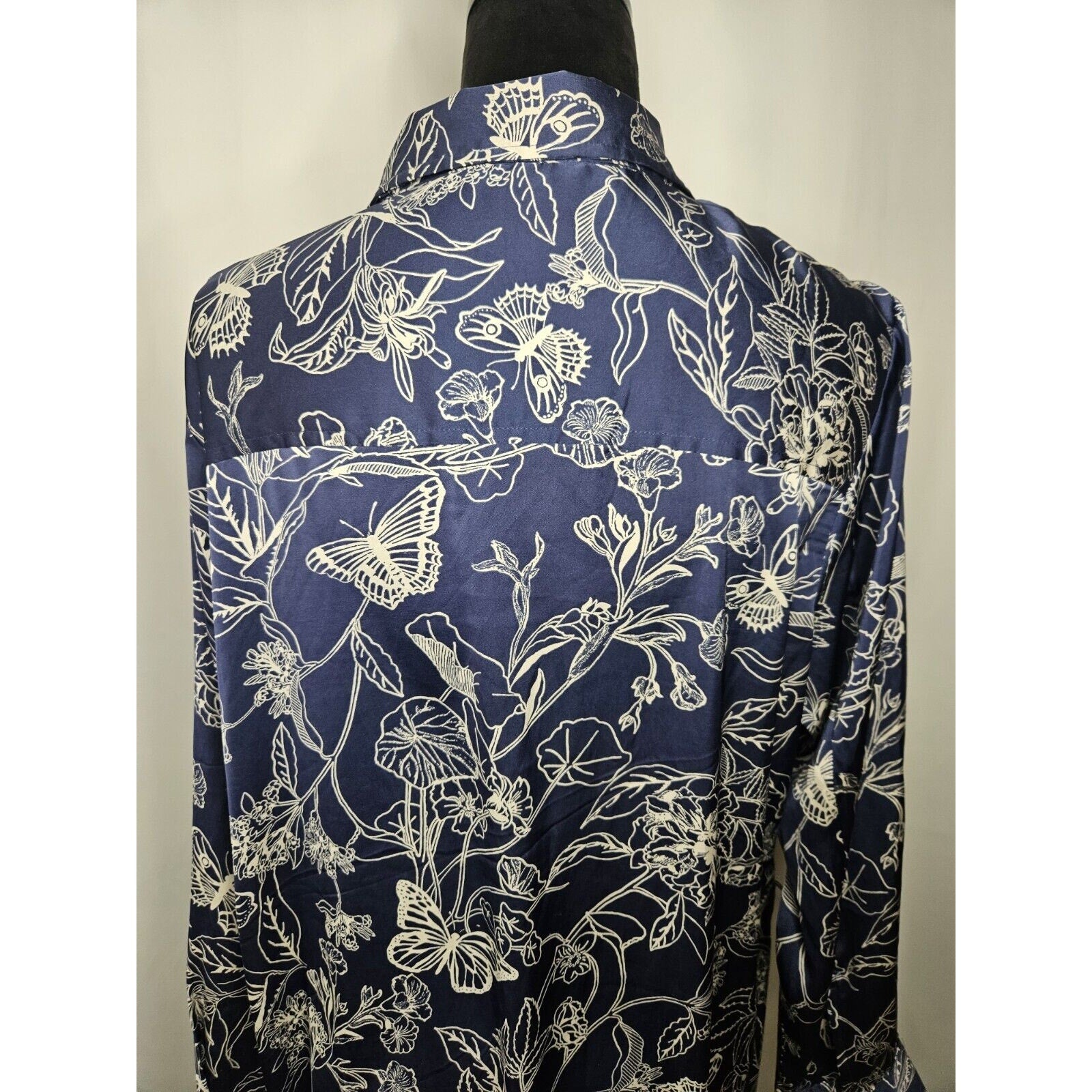 OPHELIA ROE Blue Floral Lightweight Satin Button Knee Length Dress w/o Belt XL