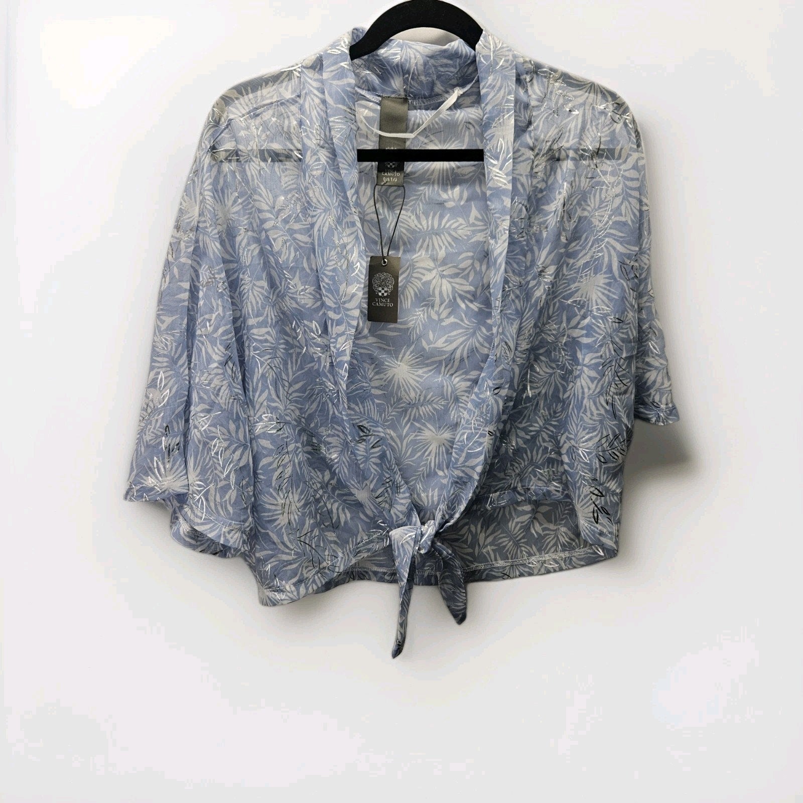Vince Camuto Kimono Top Tropical Print Sheer Kimono Jacket Tie Waist Blue NWT OS