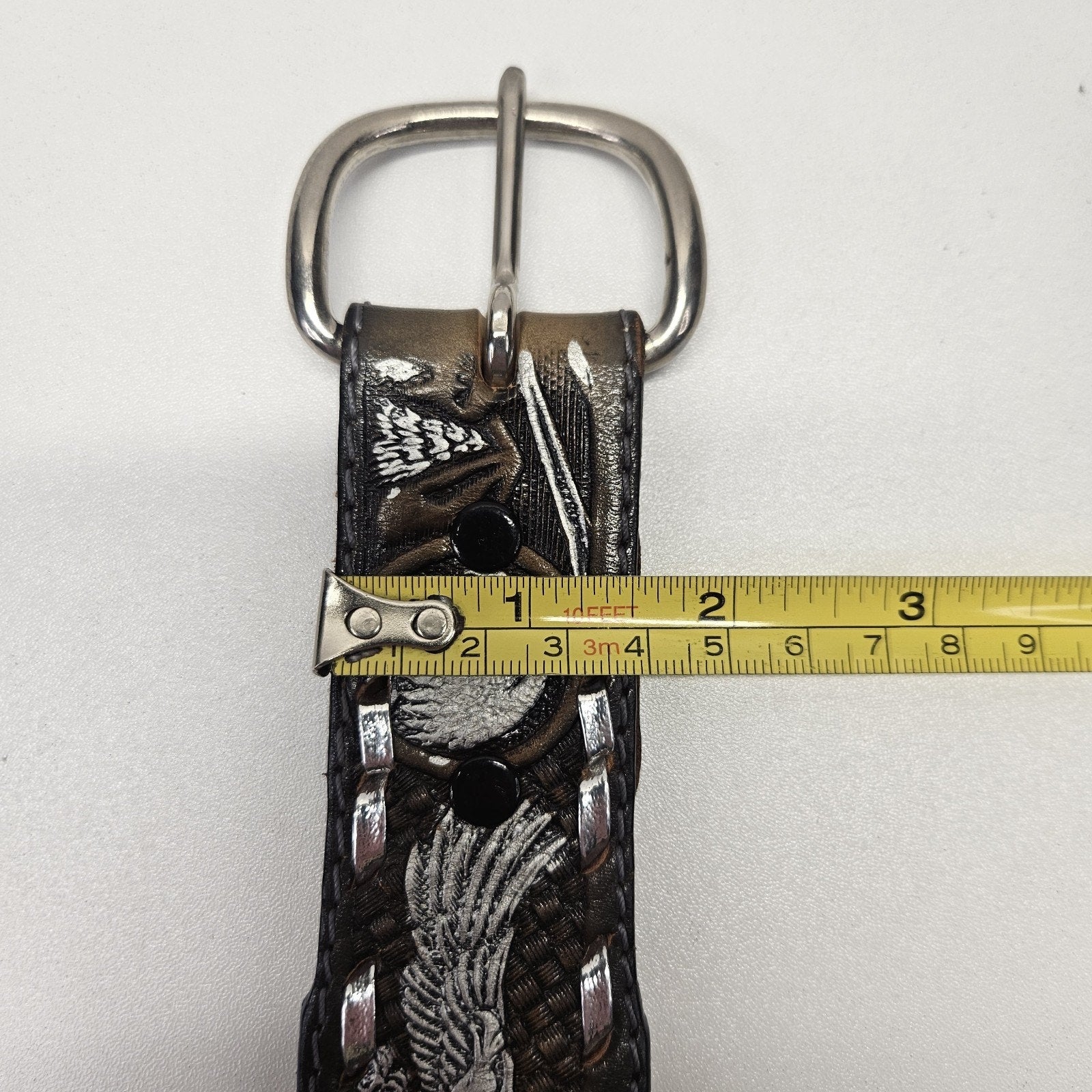 Datoka Full Grain Cowhide Sz 32 Black Leather Belt Painted Embossed Eagles USA