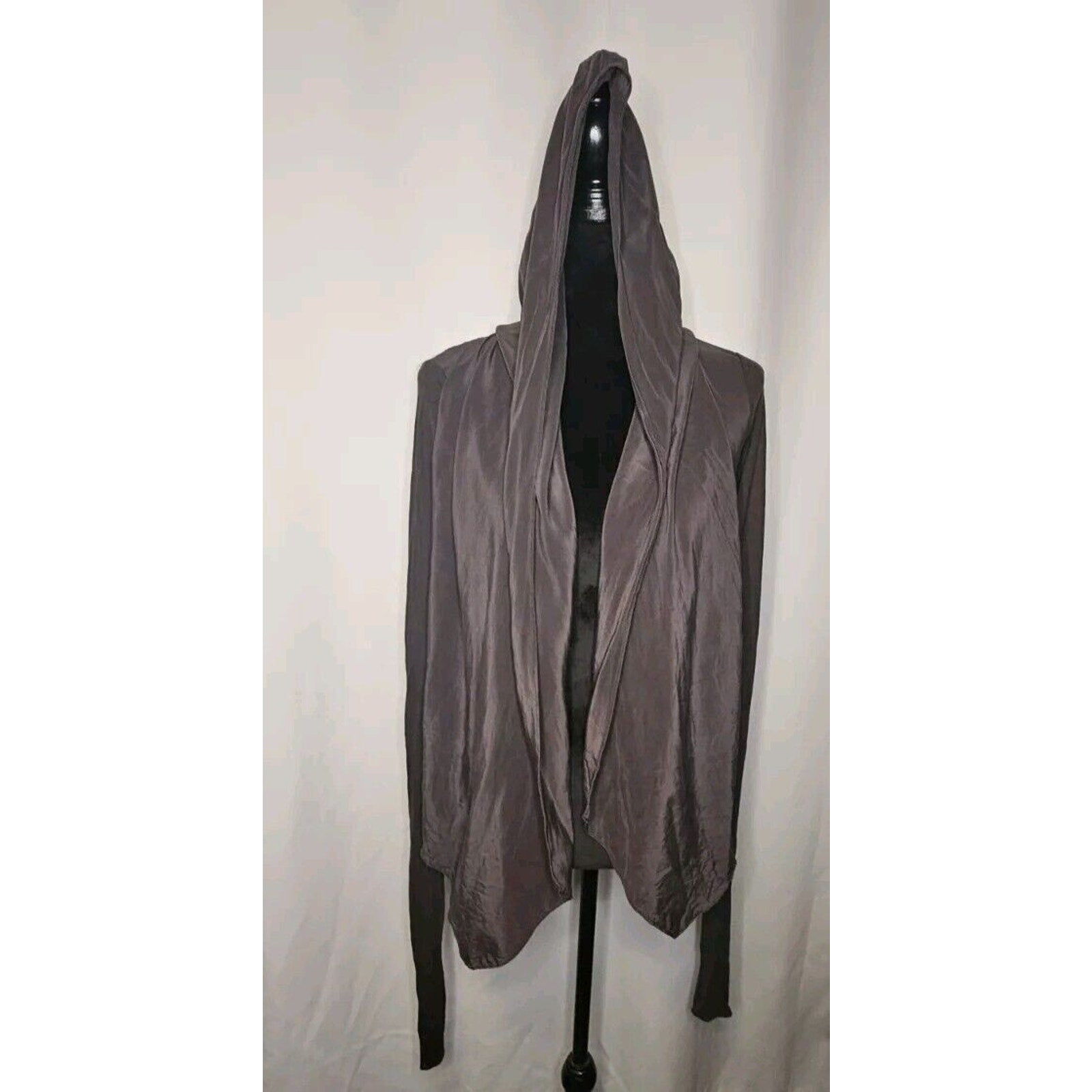 Lia Kes Gray Silk Asymmetrical Hooded Drape Cardigan XS High Fashion Lightweight