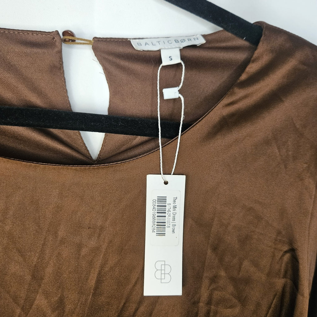 Baltic Born Satin Brown Tie Front Mini Dress Small 3/4 Sleeved Wrap Dress NWT