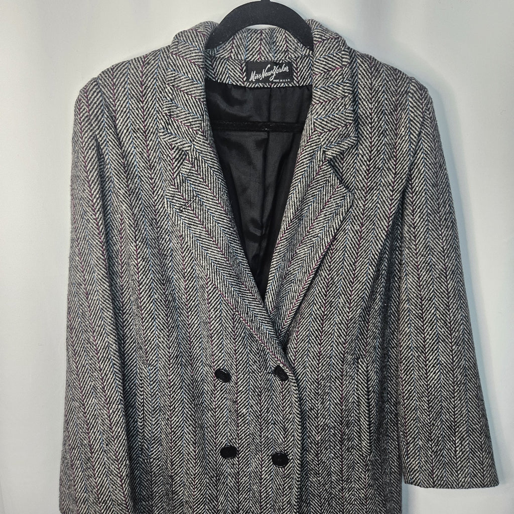 Vtg 80s Herringbone Double Breasted Tweed Over Coat Miss New Yorker Size Large