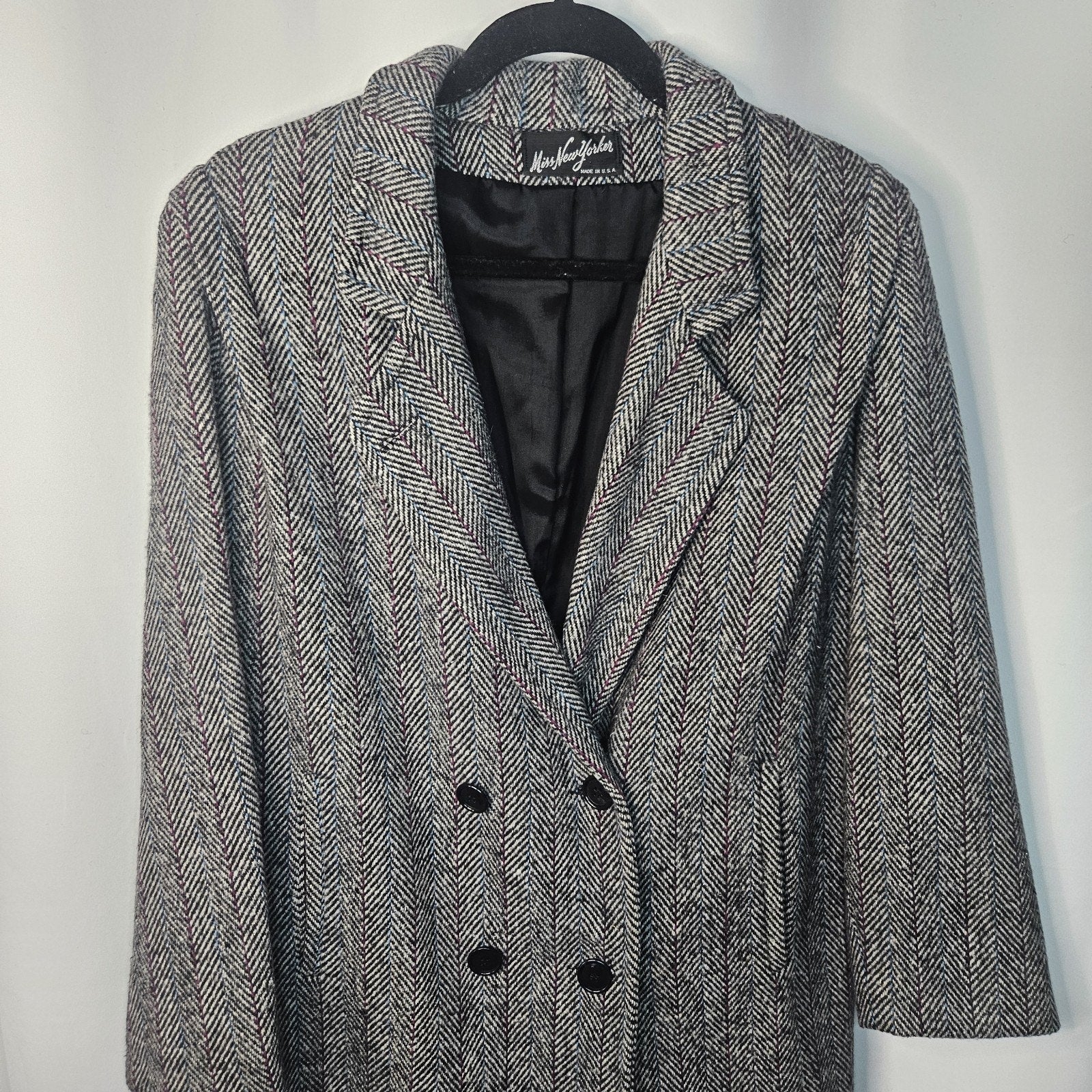 Vtg 80s Herringbone Double Breasted Tweed Over Coat Miss New Yorker Size Large