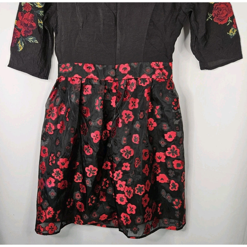 Vtg 90s YUA House Embroidered Mini Dress Black Red Floral Holiday Party Small