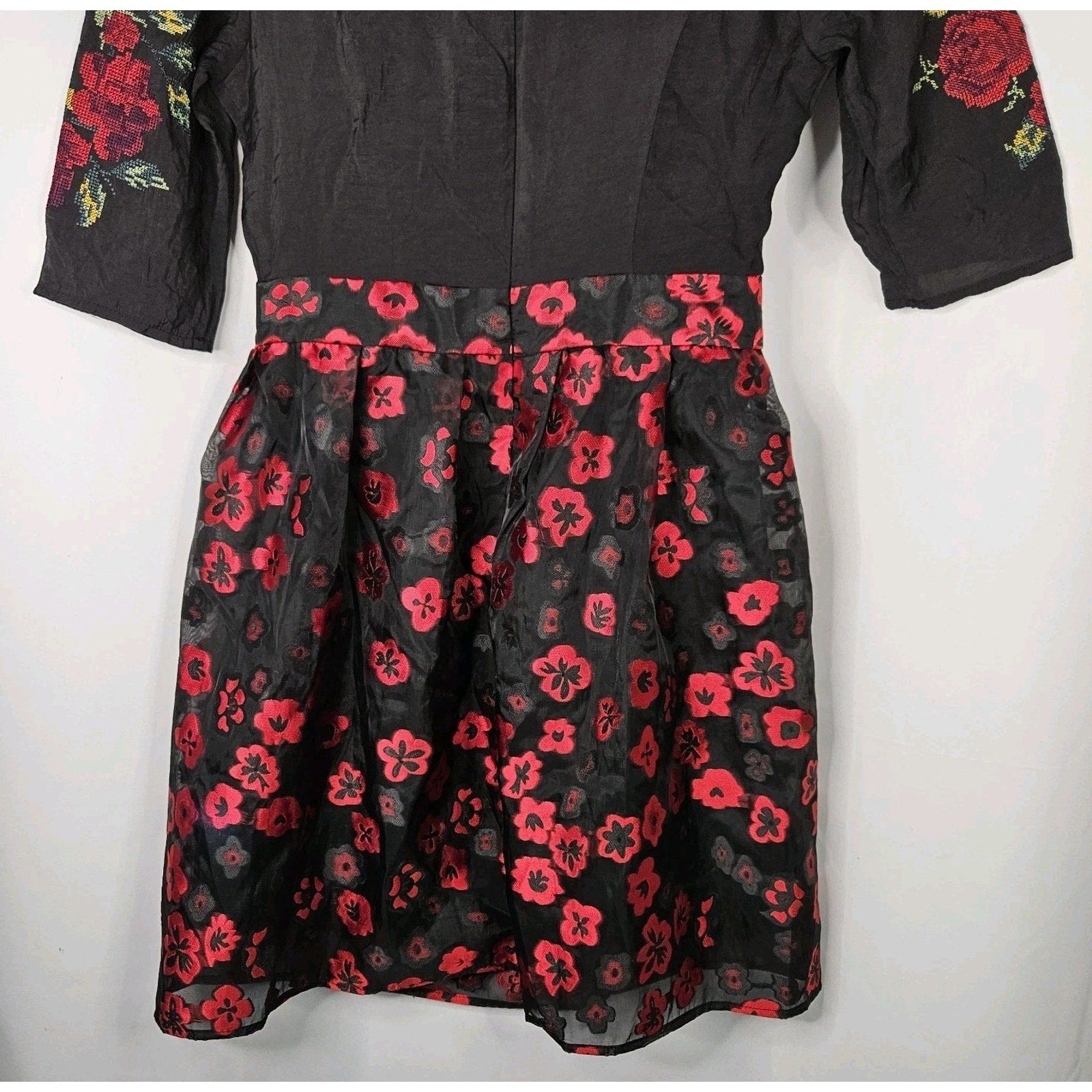 Vtg 90s YUA House Embroidered Mini Dress Black Red Floral Holiday Party Small
