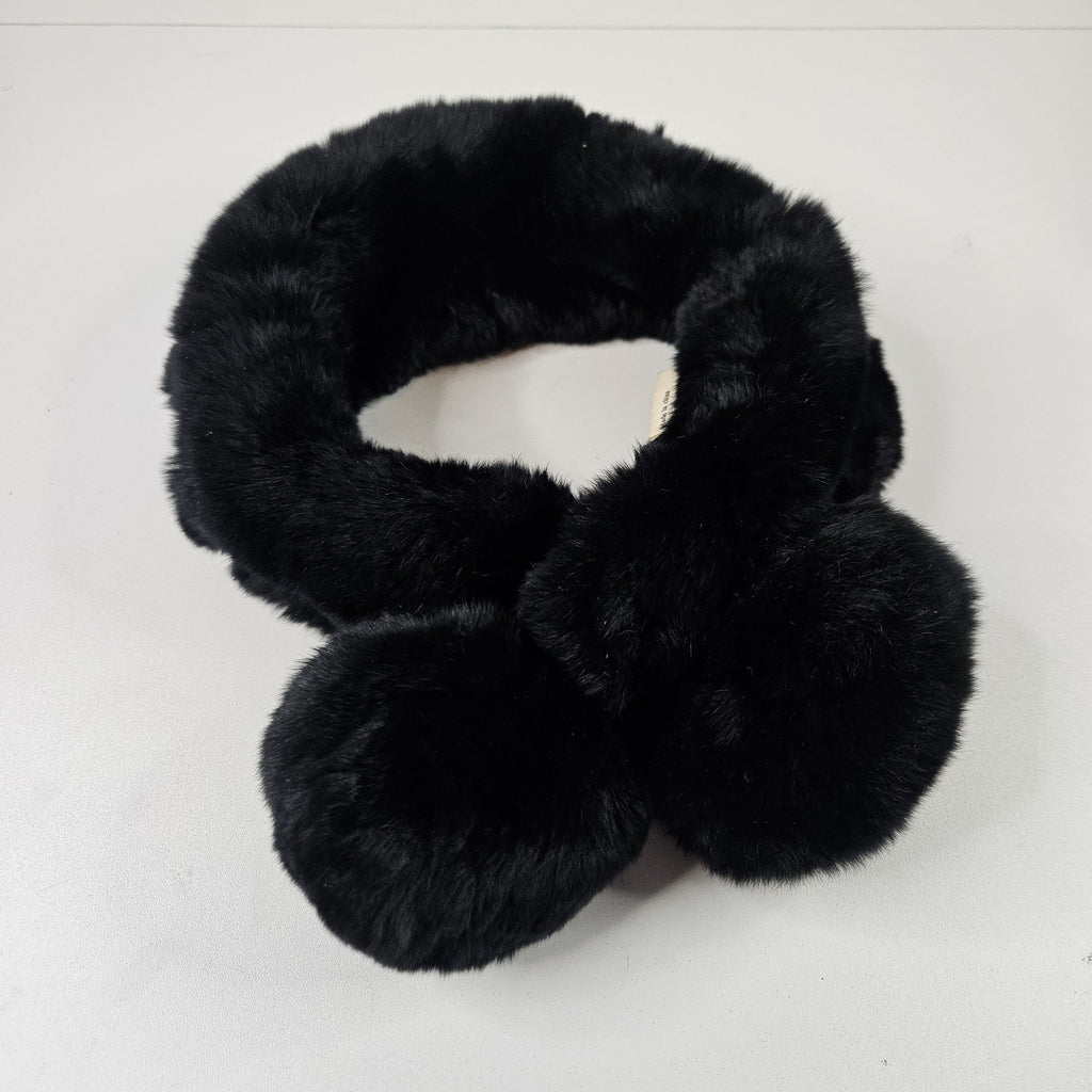Vtg Genuine 100% Rabbit Fur Pom Pom Black Chunky Neck Warmer Scarf 4x26 Retro