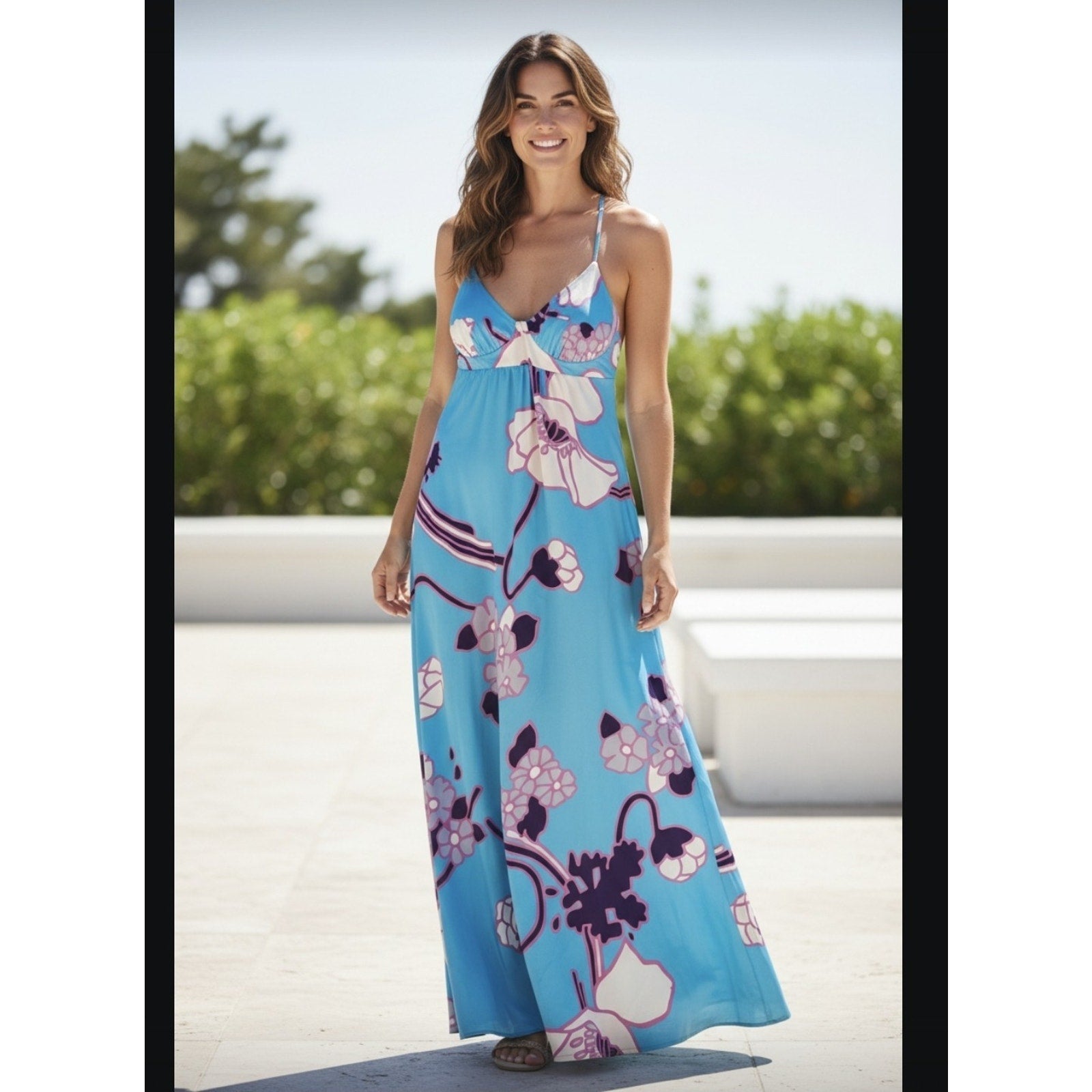 Yumi Kim Maxi Dress Women Blue Floral Silk Boho Romantic V-Neck SIZE M