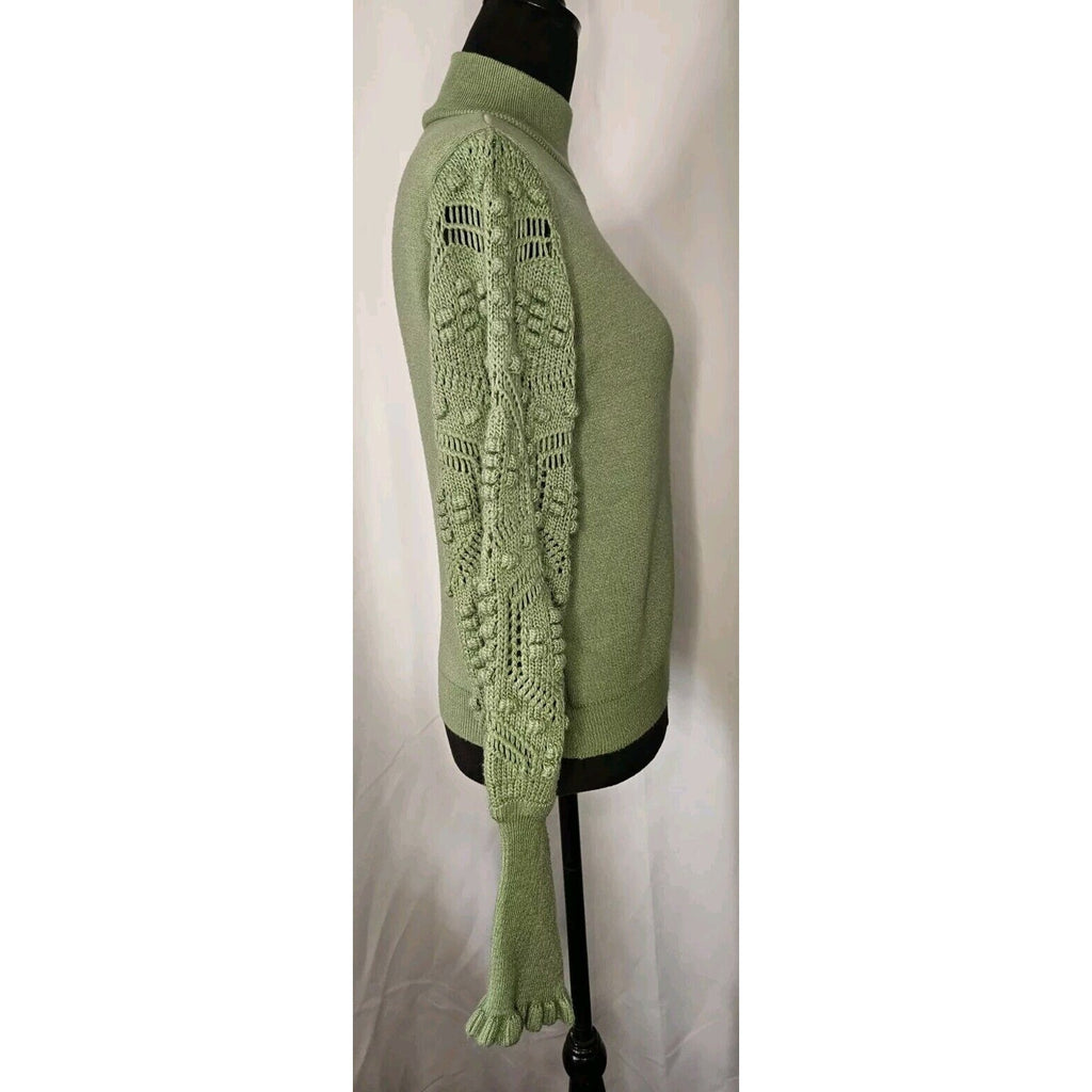 AQE Fashion Turtleneck Balloon Lace Sleeve Sweater Green Boho Fairy Small
