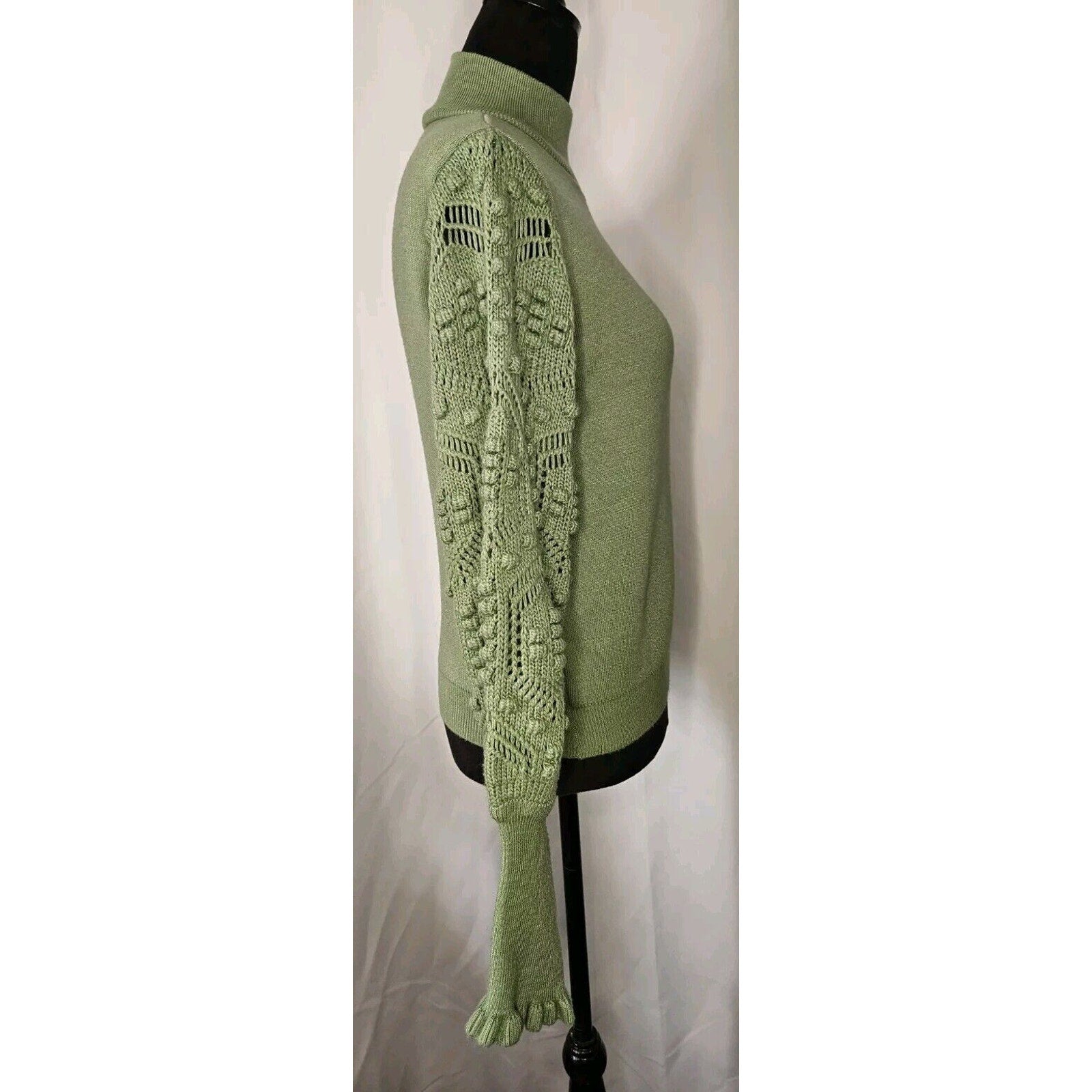 AQE Fashion Turtleneck Balloon Lace Sleeve Sweater Green Boho Fairy Small