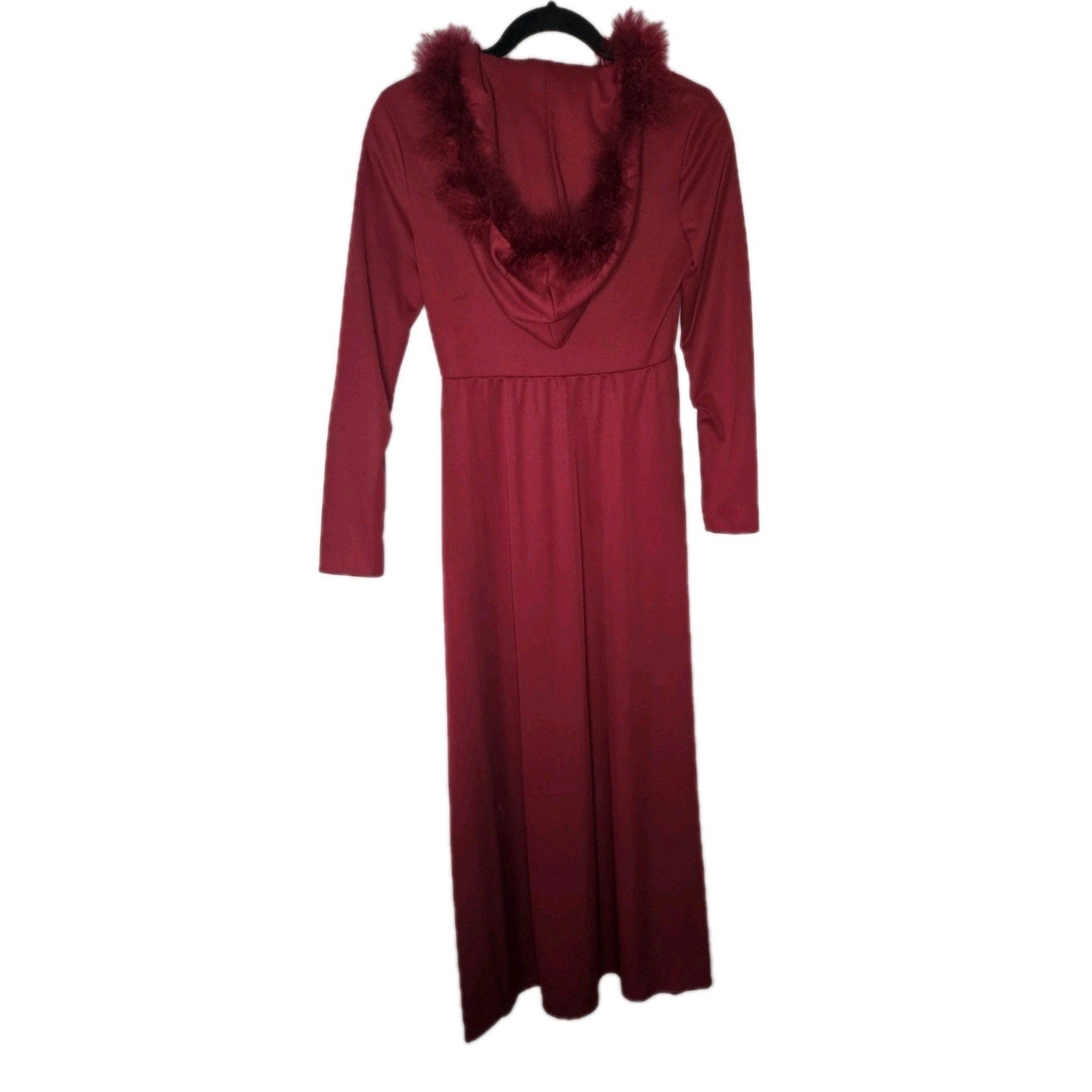 Vintage 70s Maroon Marabou Trim Hooded Robe Maxi Disco Robe Women's Size 5 S/M