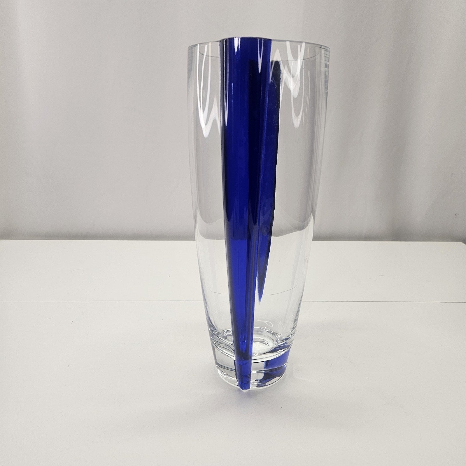 Vtg Glass Art Vase Flower Vase 12” Clear Cobalt Blue Stripe Heavy Crystal
