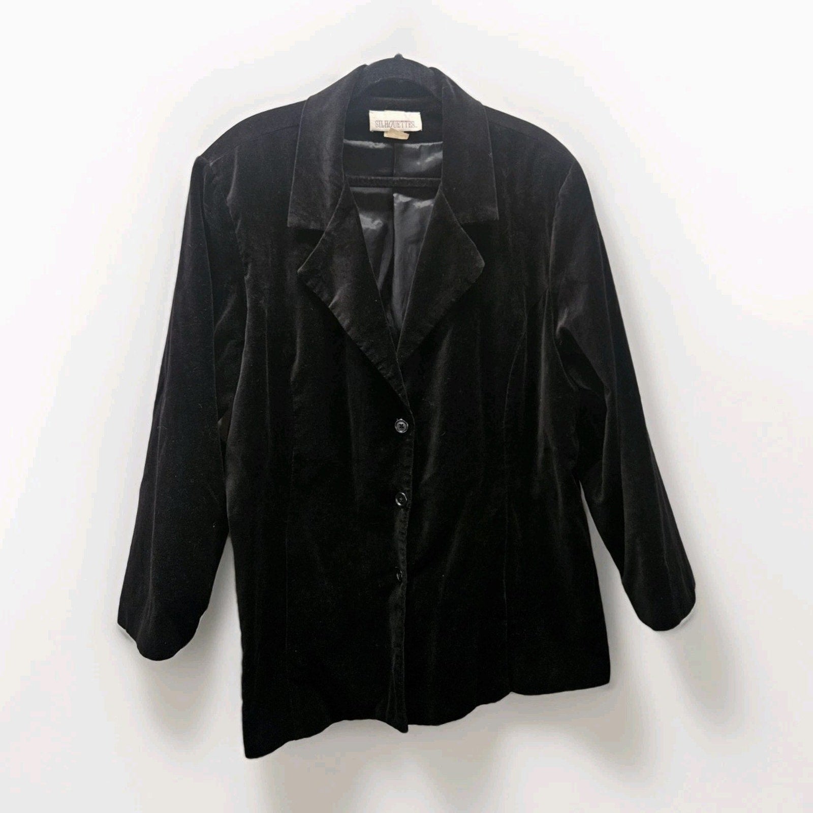 Vintage 90s Silhouettes Black Velvet Long Blazer Plus Size 24W 3 Button Formal