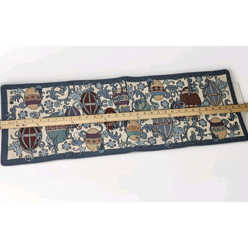 Vintage Christmas Luxury Tapestry Table Runner Hanging Ornaments 23"x 11" Blue