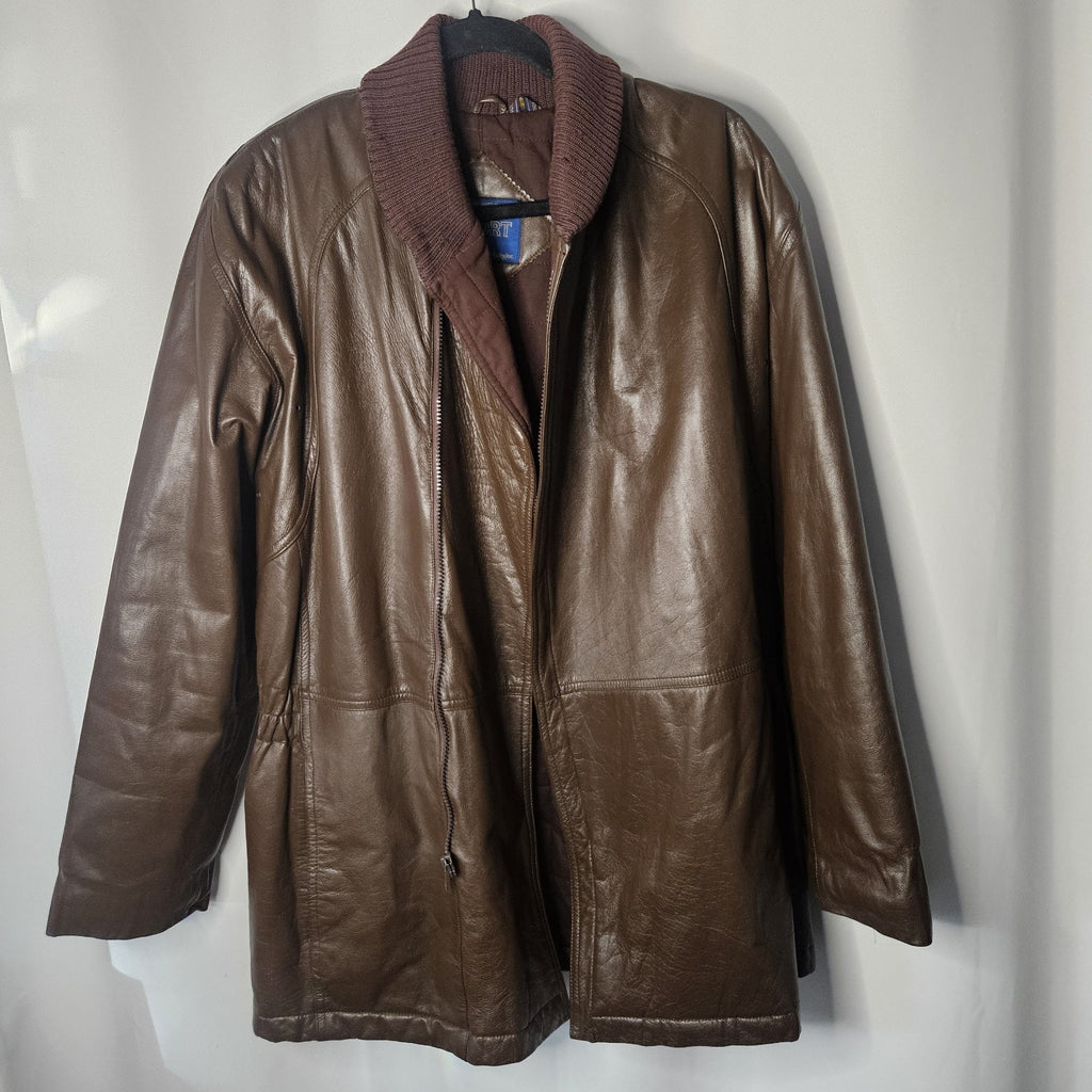 Nino Cerruti Sport Brown Leather Parka Brown Sz Large Asymmetrical Collared Vtg