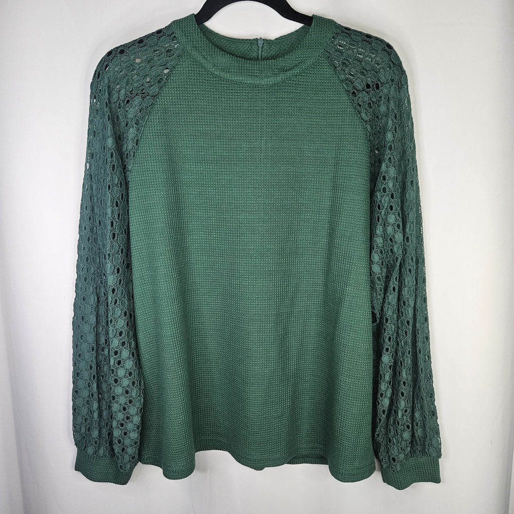 IWOLLENCE Women's Waffle Knit Blouse Lace Sleeves Henley Loose Fitting XL Green