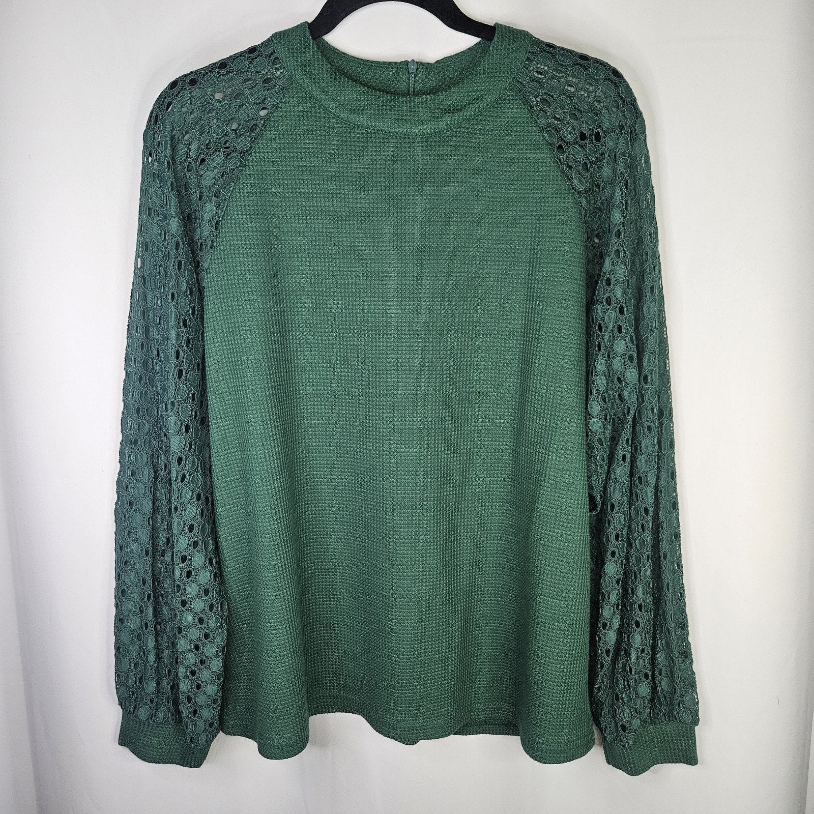 IWOLLENCE Women's Waffle Knit Blouse Lace Sleeves Henley Loose Fitting XL Green