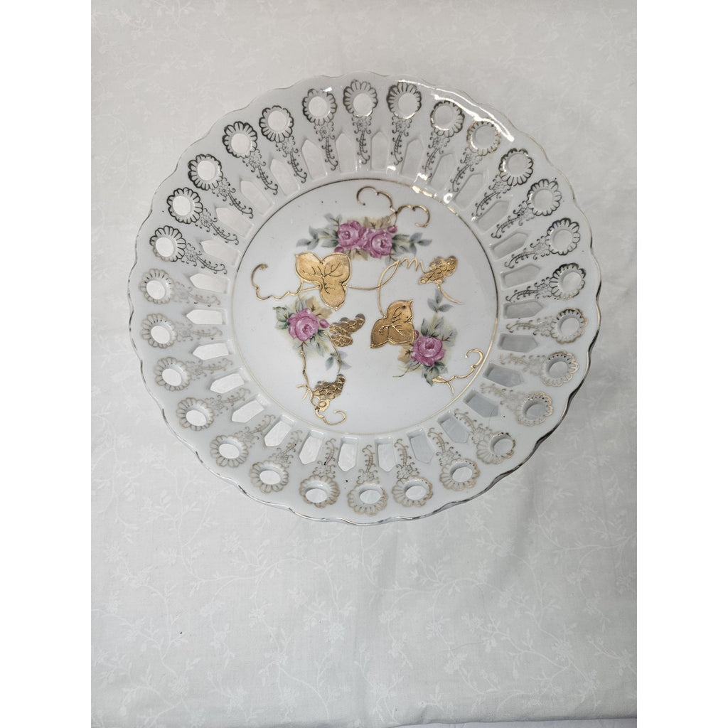 Vintage Pierced Reticulated Porcelain Pedestal Compote Bowl Gold Flowers Japan