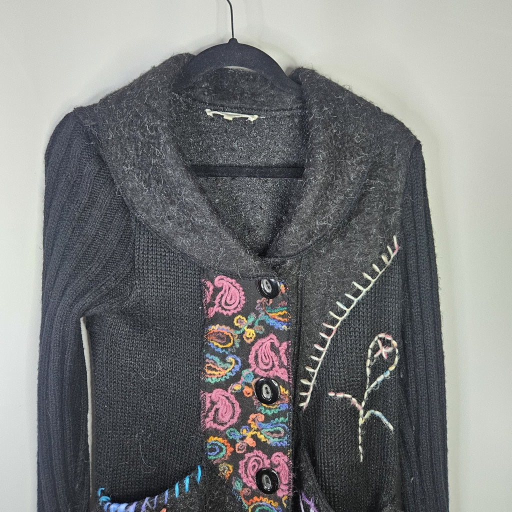 Liquid By Sioni Black Knit Wearable Art Wool Mohair Sweater Cardigan Boho Medium