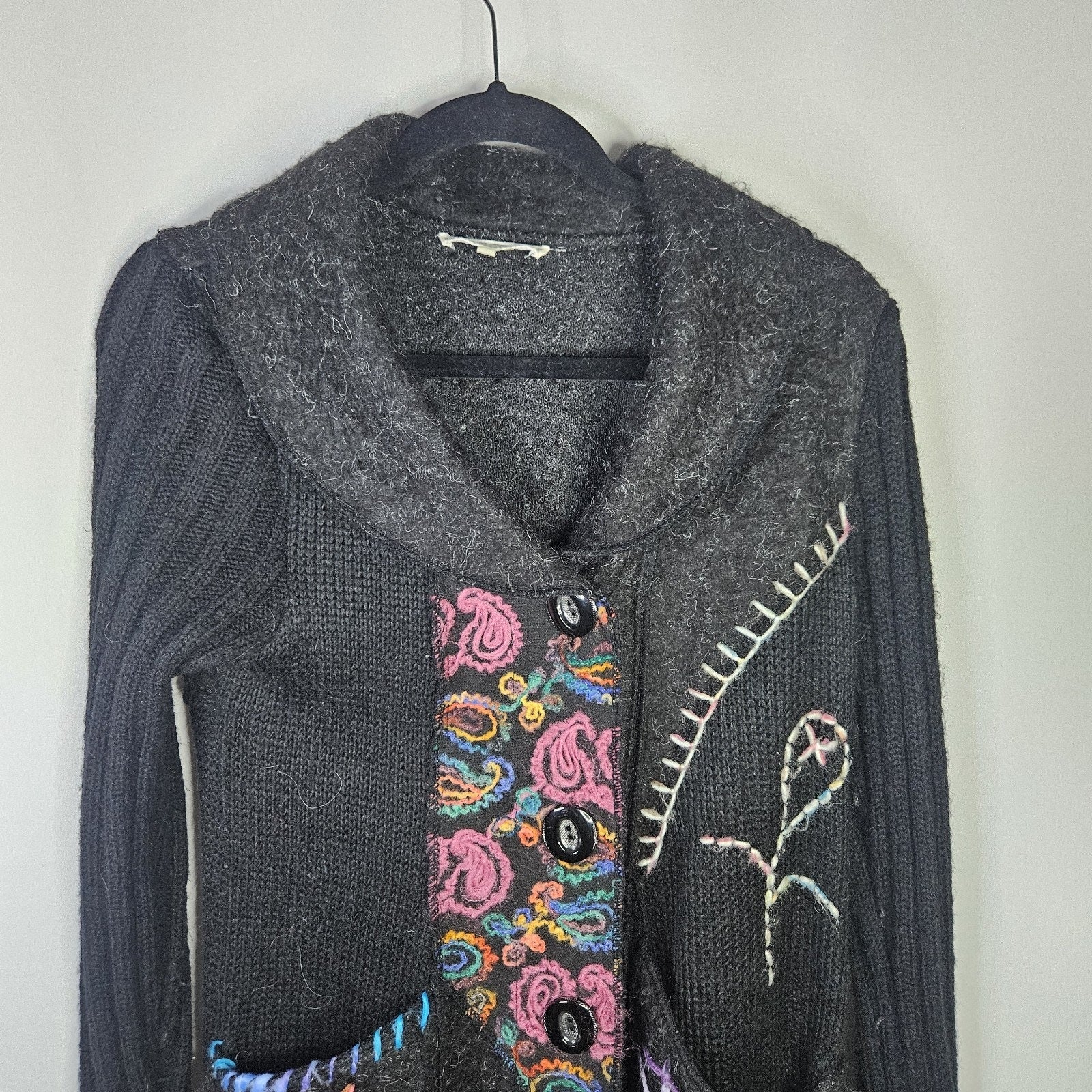 Liquid By Sioni Black Knit Wearable Art Wool Mohair Sweater Cardigan Boho Medium