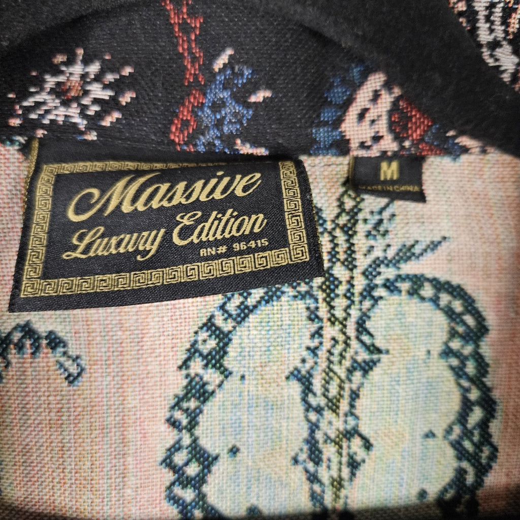 Massive Luxury Mens Tapestry Jacket Medium Black Pink Paisley Retro Baroque